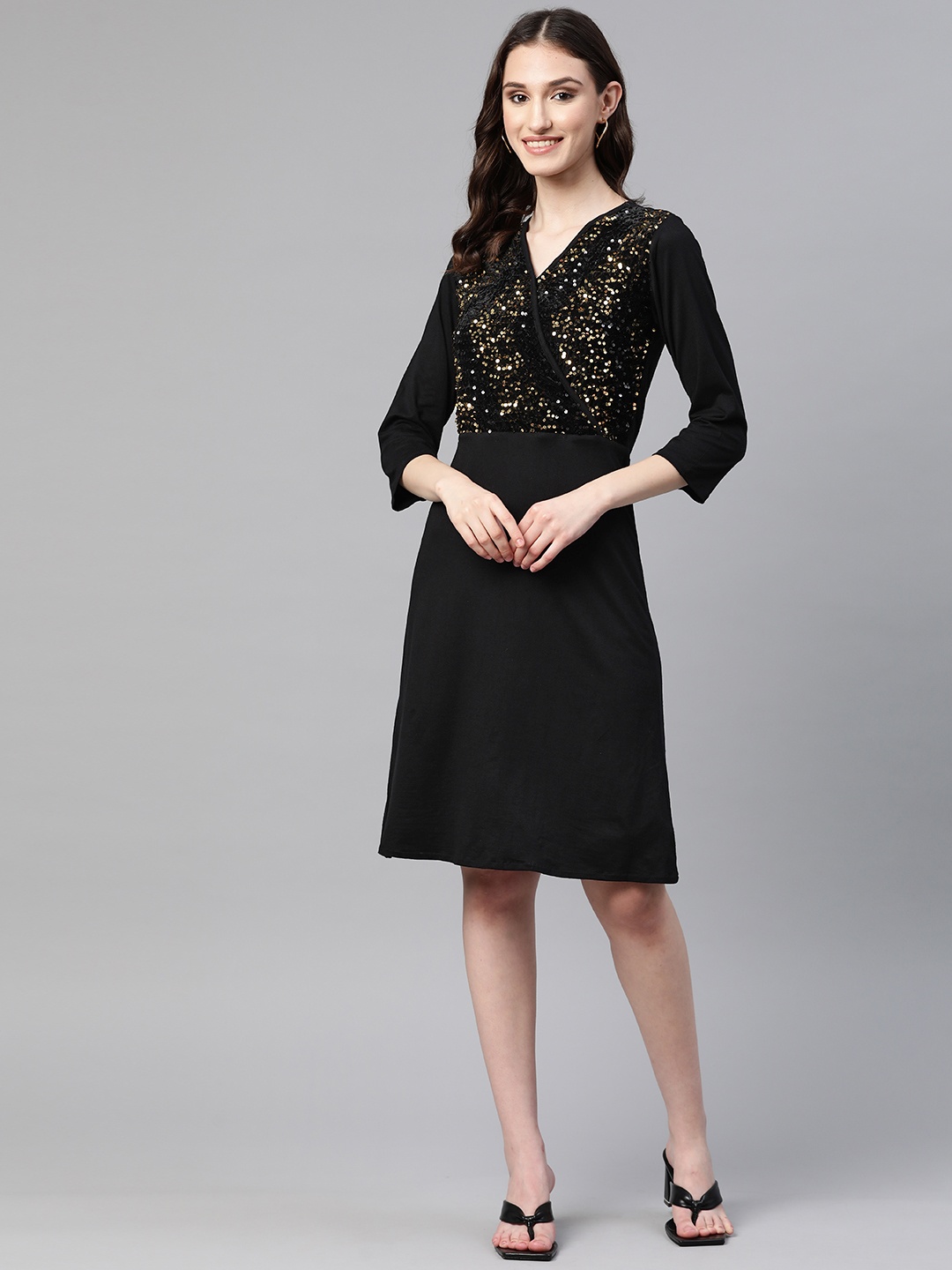 

Cottinfab Sequinned Embellished Wrap Dress, Black