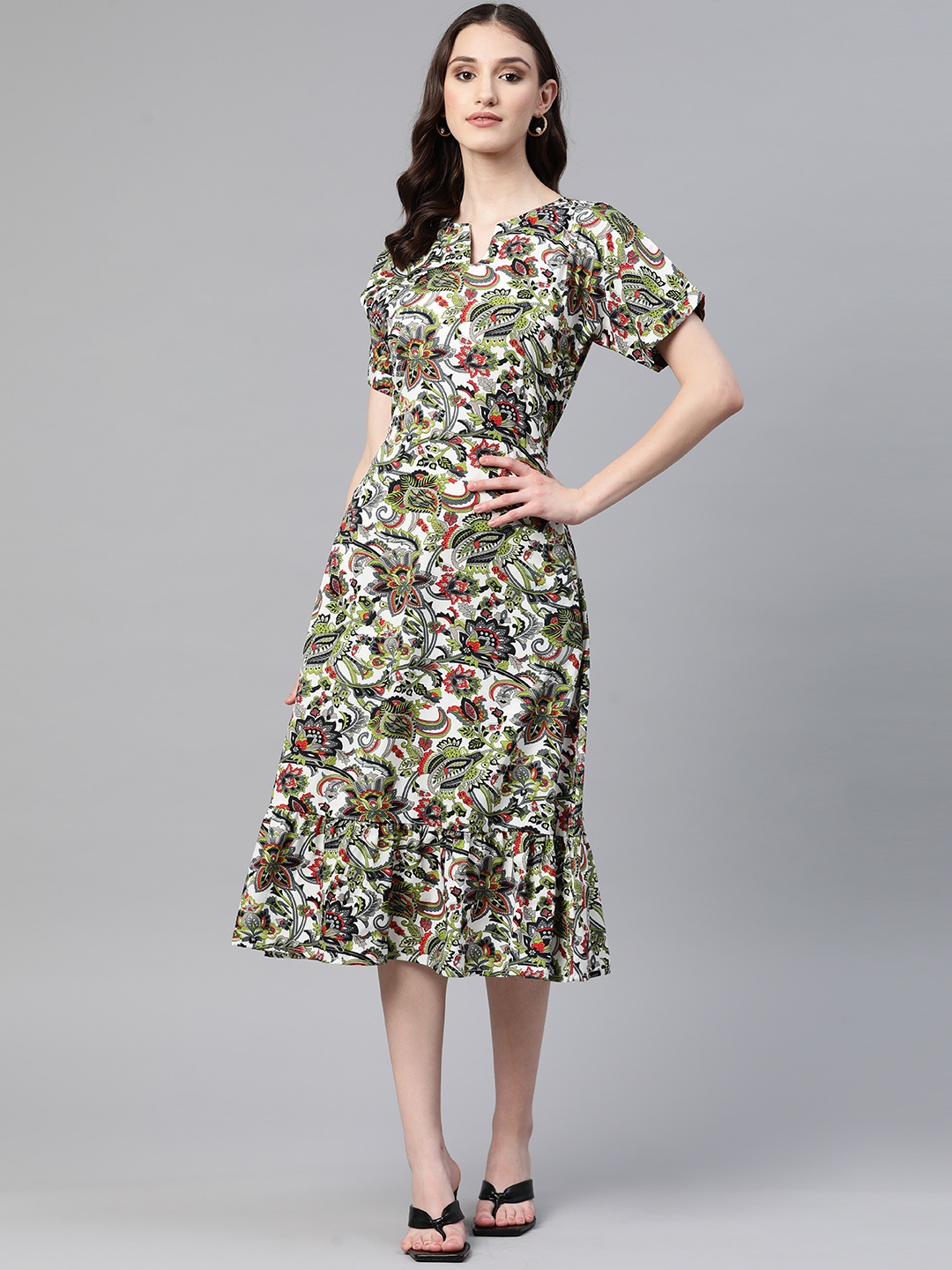 

Cottinfab Floral Print Crepe Tiered A-Line Midi Dress With Tie-Ups Detail, Off white