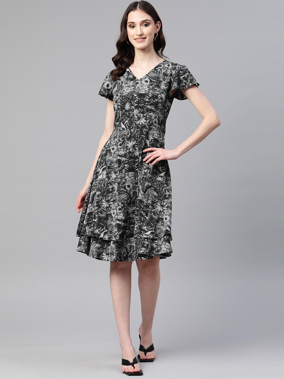 

Cottinfab Floral Print Flared Sleeves Layered Crepe A-Line Dress, Black