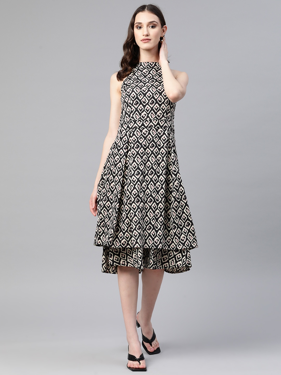 

Cottinfab Halter Neck Layered Crepe Midi Dress, Black