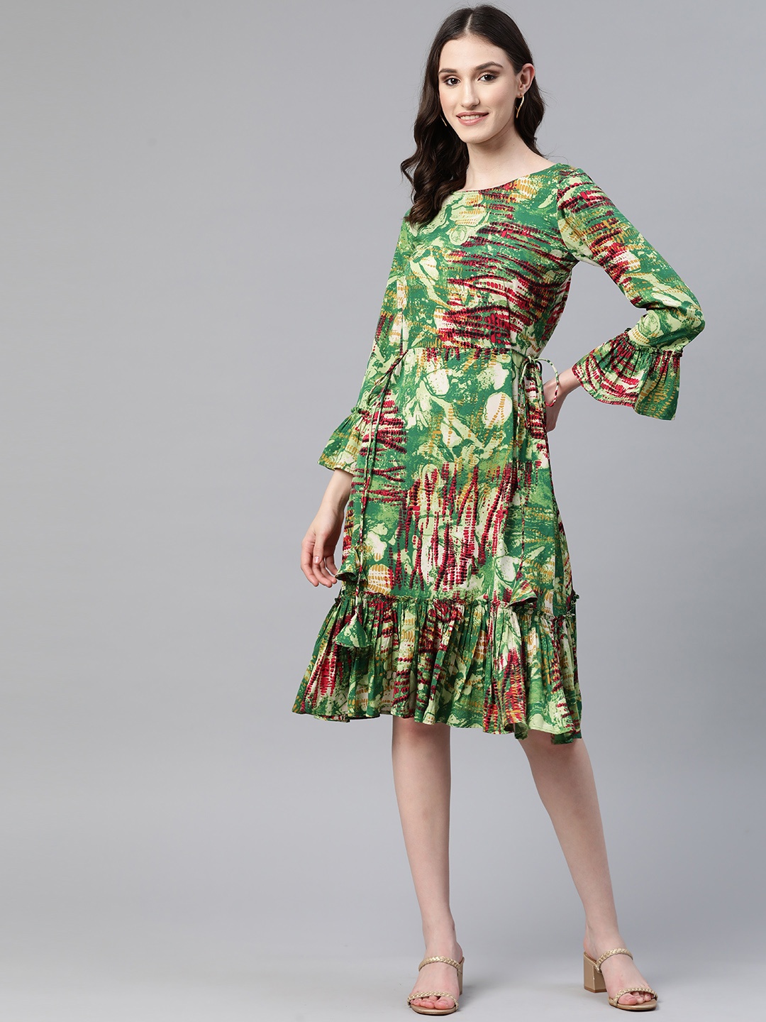 

Cottinfab Abstract Printed Bell Sleeves Tiered Crepe Dress With Tie-Ups Detail, Green