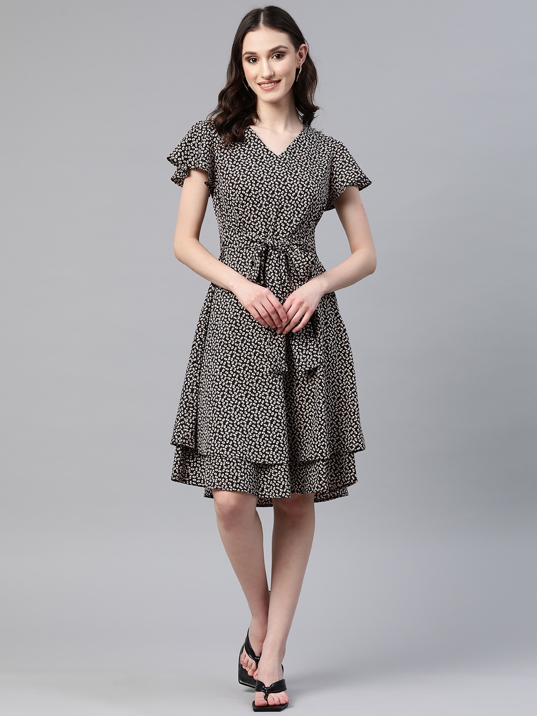 

Cottinfab Floral Printed Layered Flared Sleeves Crepe A-Line Dress With Belt, Black