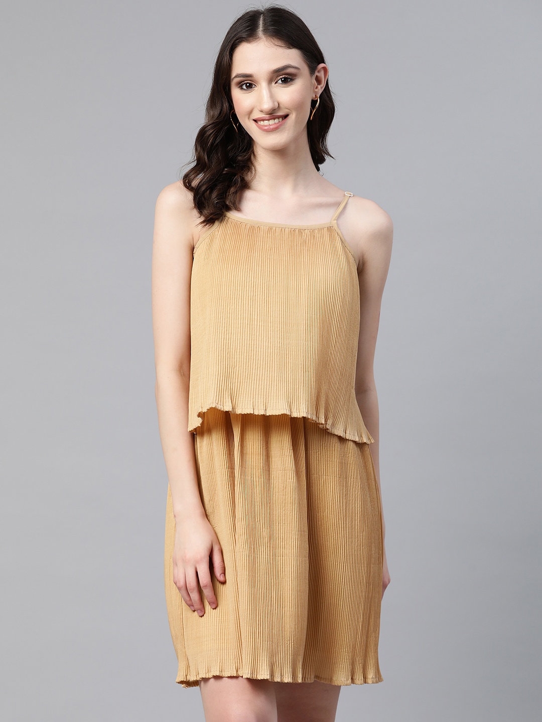 

Cottinfab Layered Satin A-Line Dress, Beige