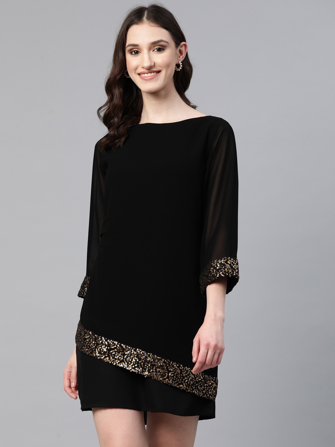 

Cottinfab Georgette Sequinned A-Line Dress, Black