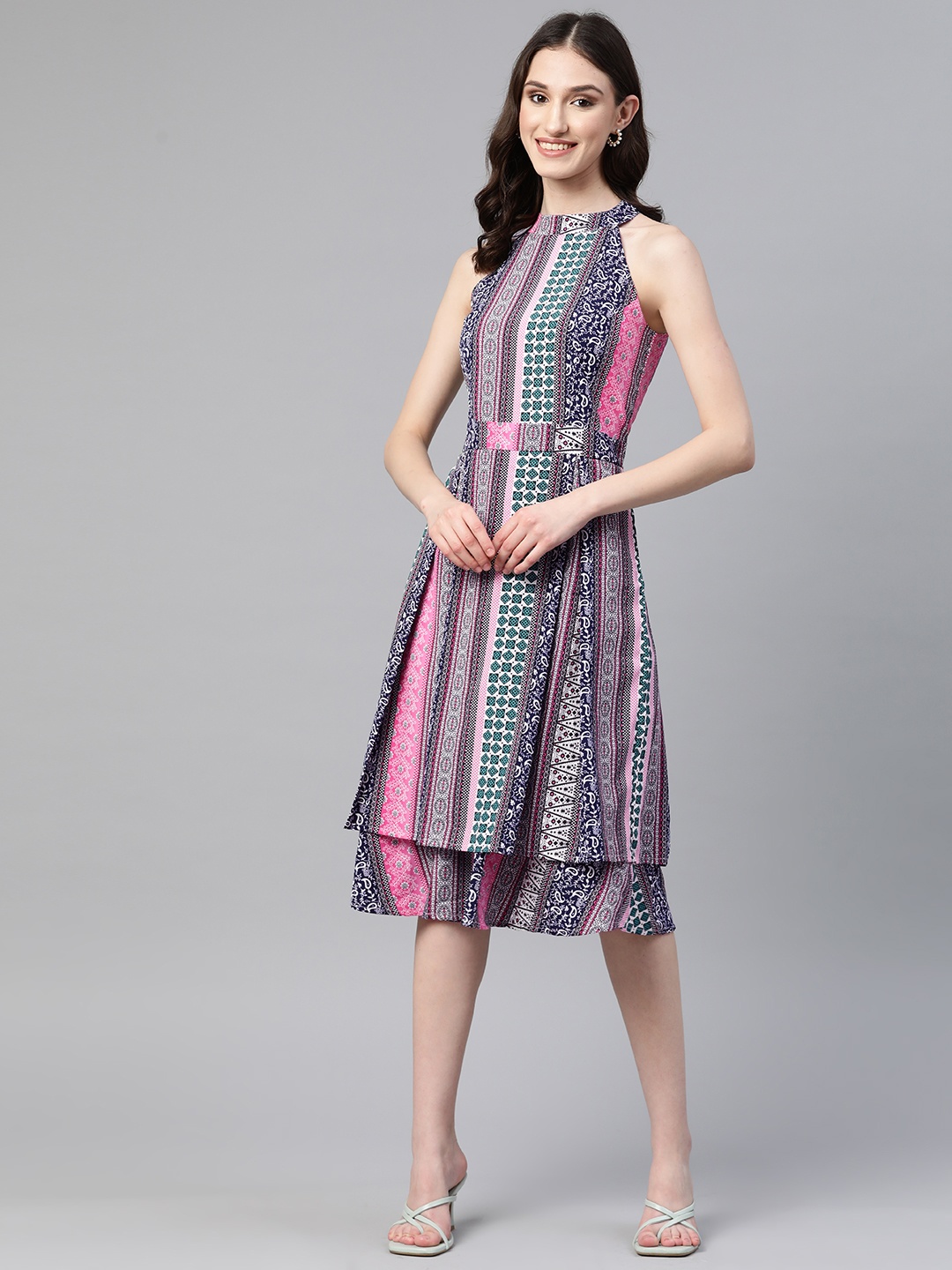 

Cottinfab Ethnic Motifs Halter Neck Layered Crepe Midi Dress, Navy blue