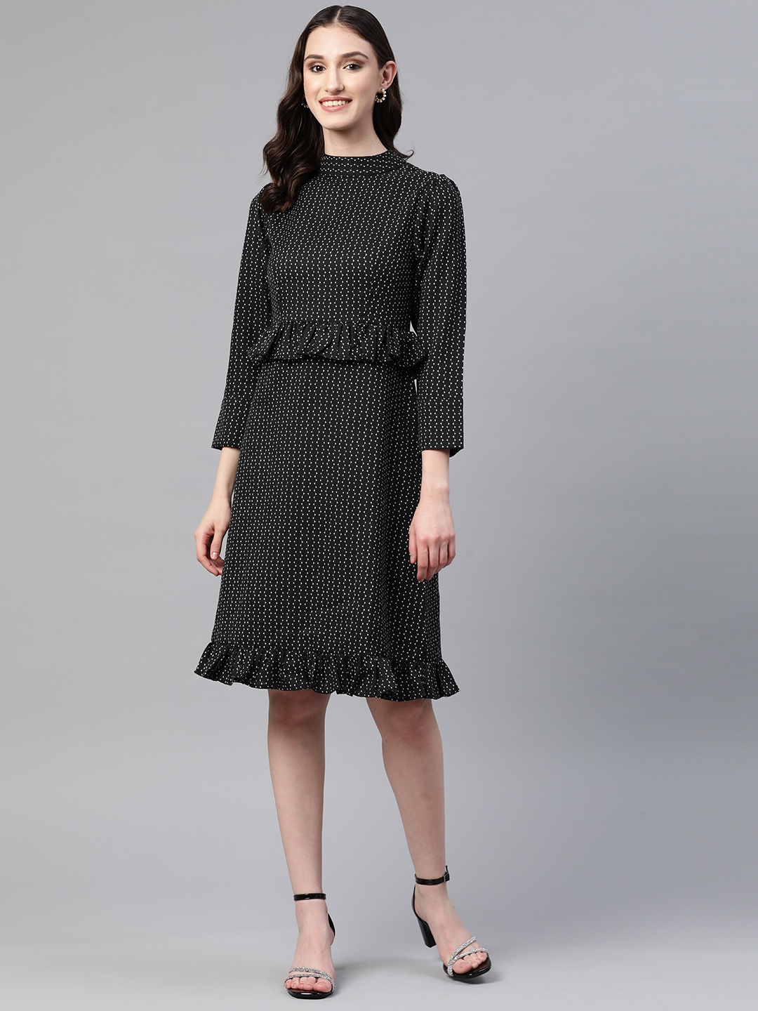

Cottinfab Geometric Print High Neck Ruffled Crepe A-Line Dress, Black