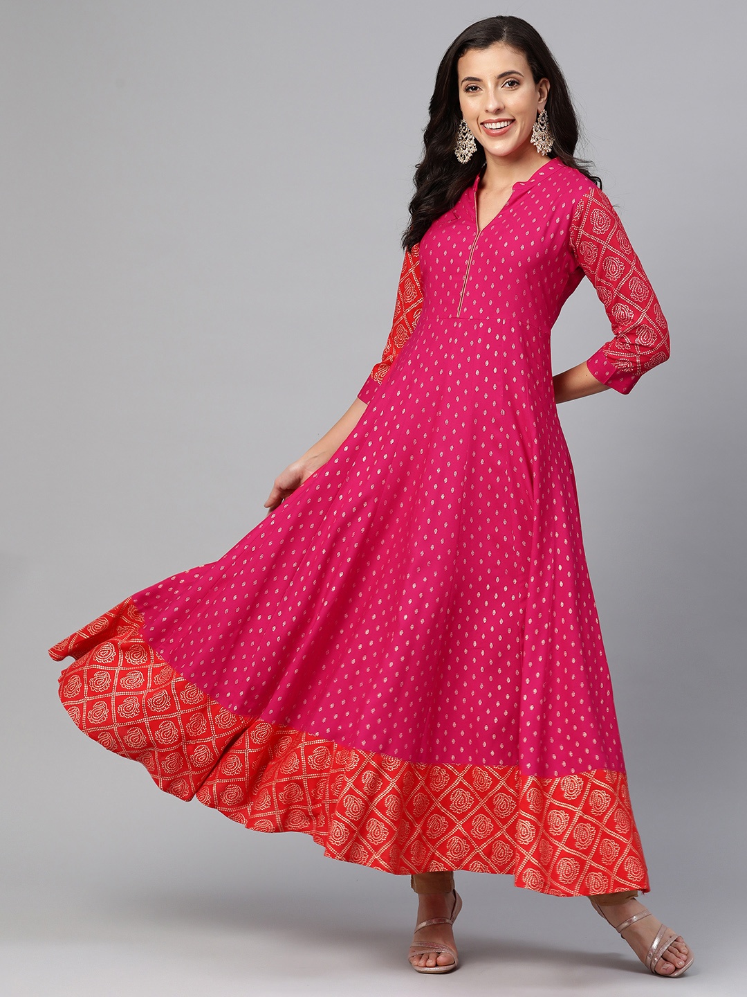 

MBE Ethnic Motifs Printed Cotton Anarkali Kurta, Magenta