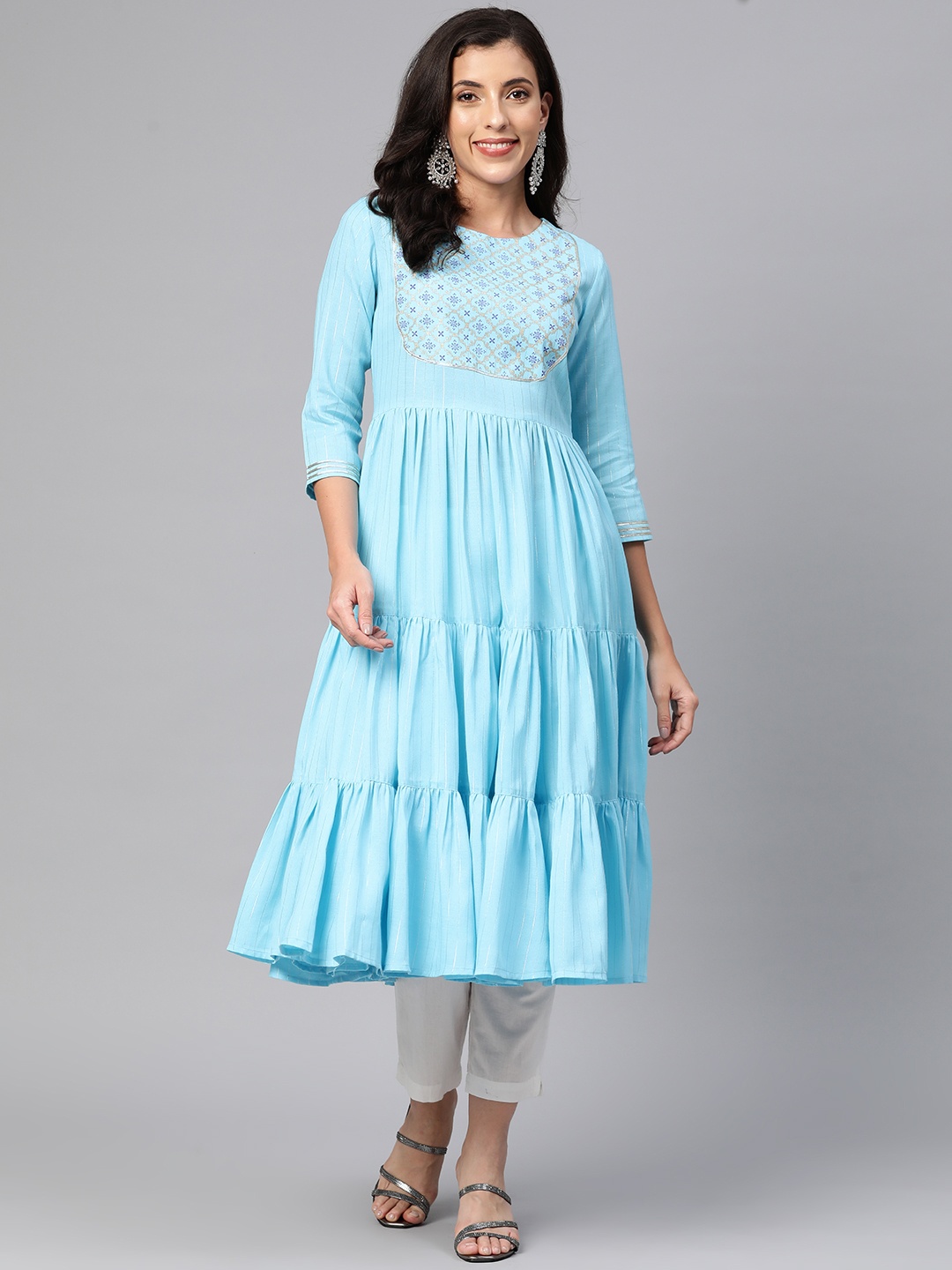 

MBE Floral Yoke Design Gotta Patti Floral Anarkali Kurta, Turquoise blue