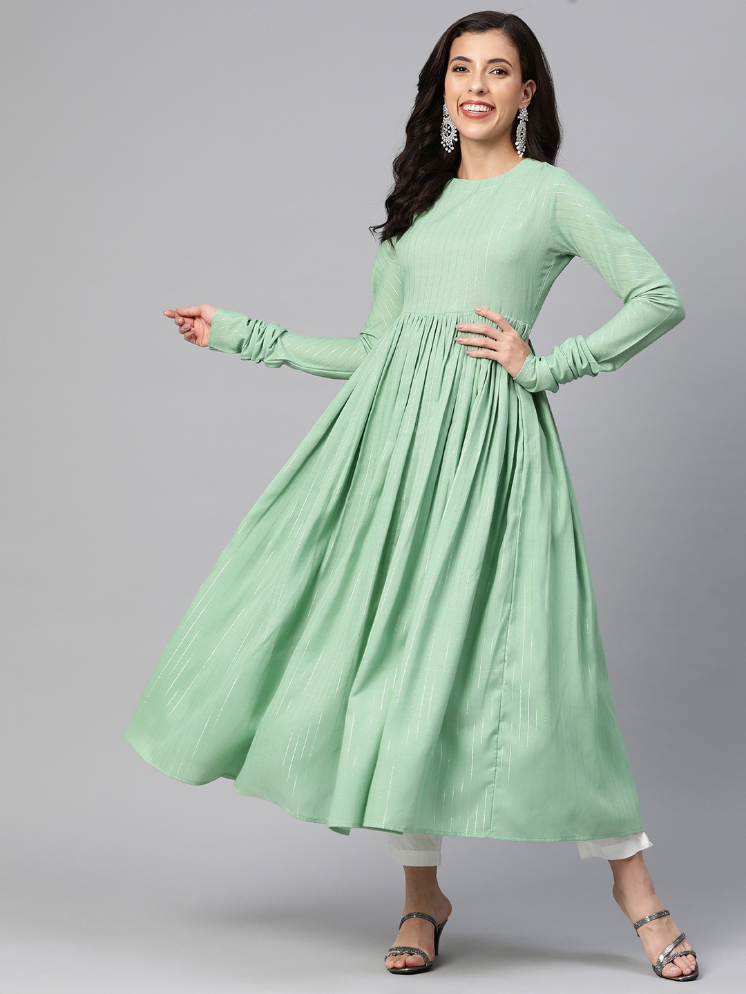 

MBE Striped Cotton Anarkali Kurta, Sea green