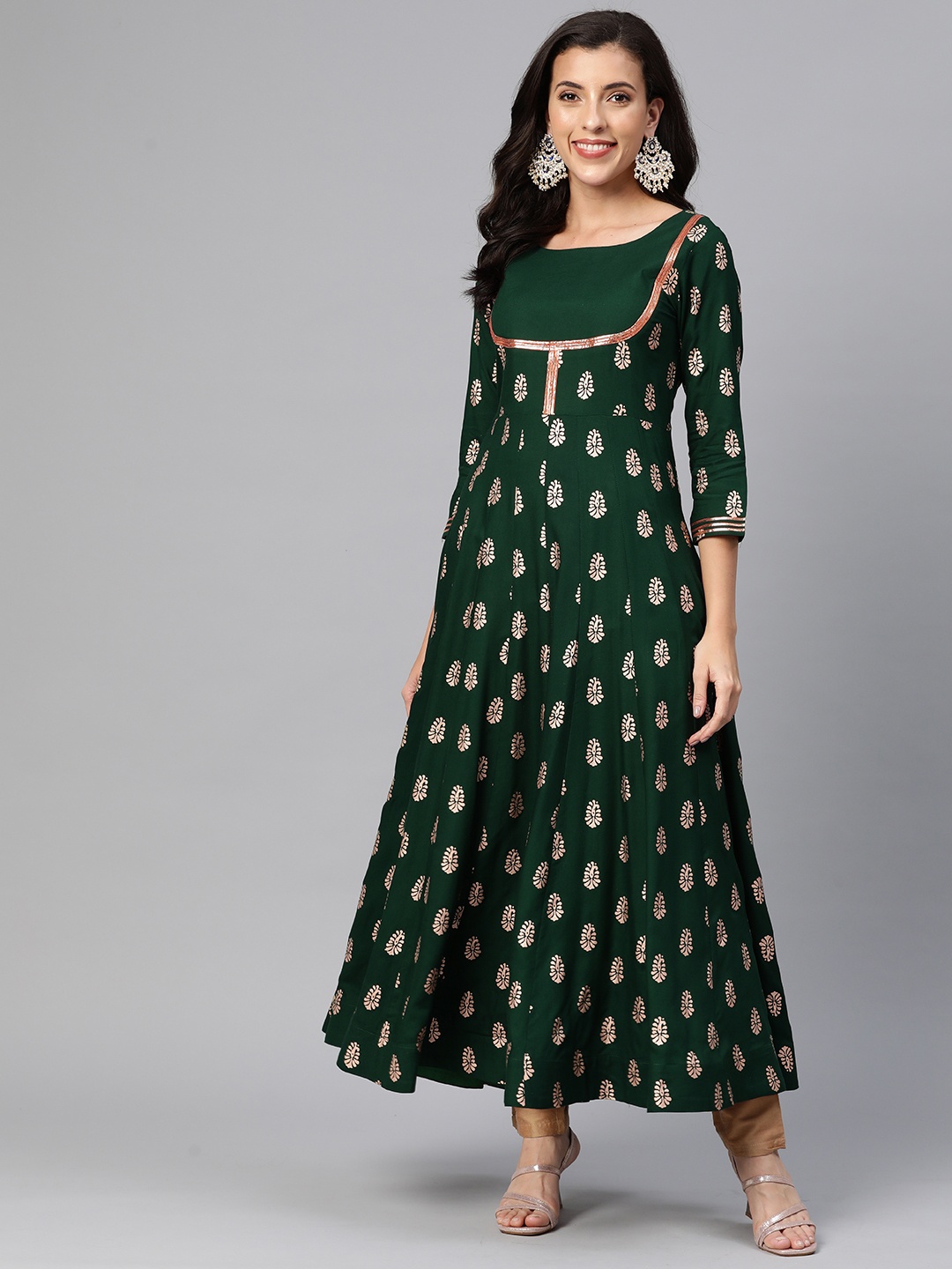 

MBE Ethnic Motifs Printed Gotta Patti Cotton Anarkali Kurta, Green