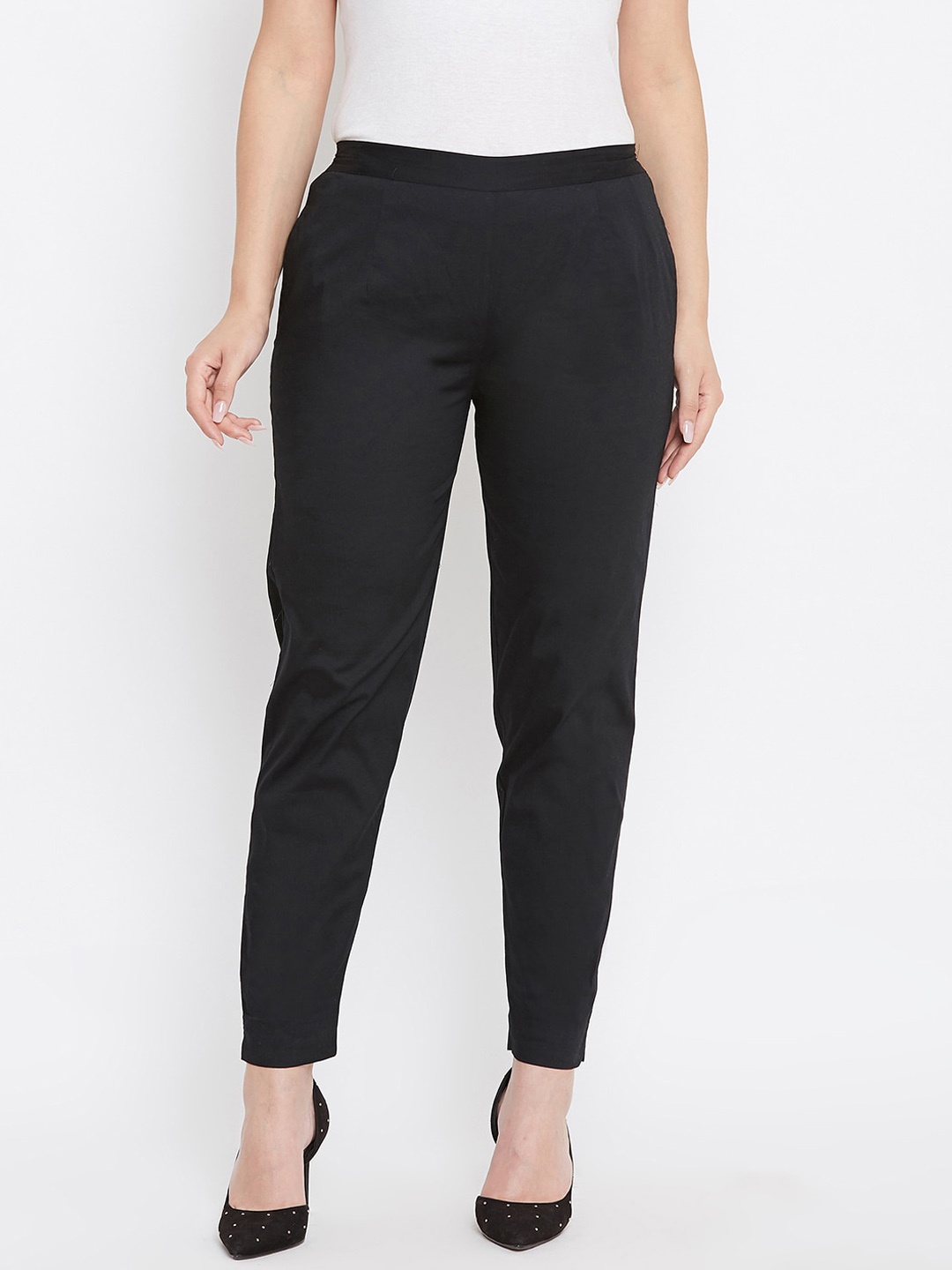 

Castle Lifestyle Women Mid Rise Cotton Smart Slim Fit Pleated Trousers, Black
