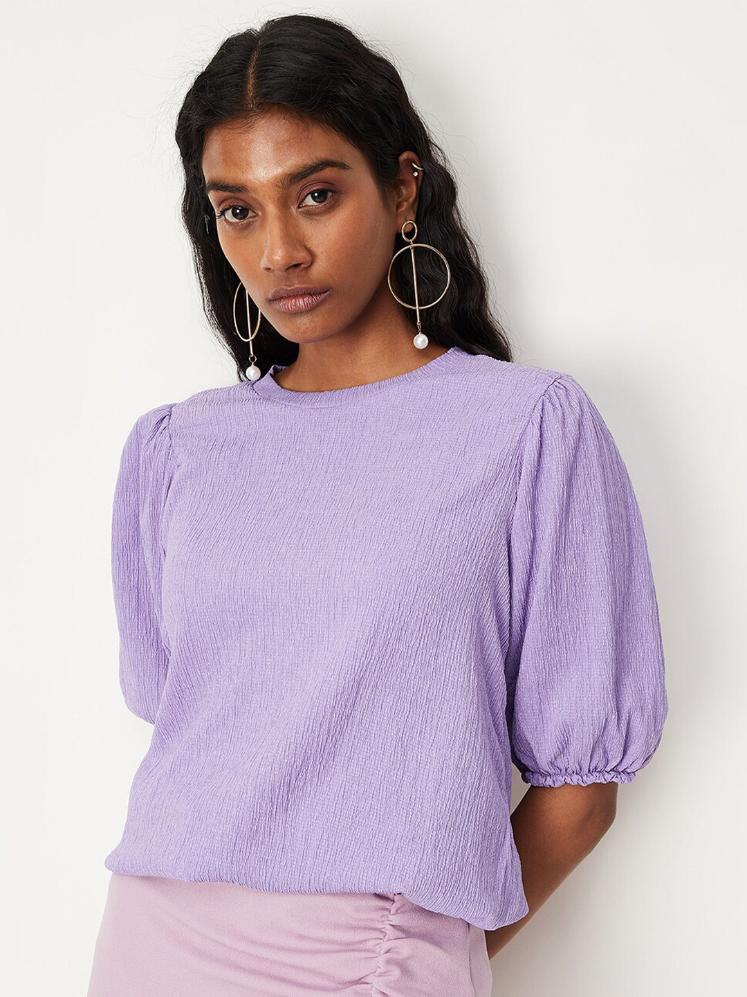 

max Round Neck Puff Sleeves Top, Purple