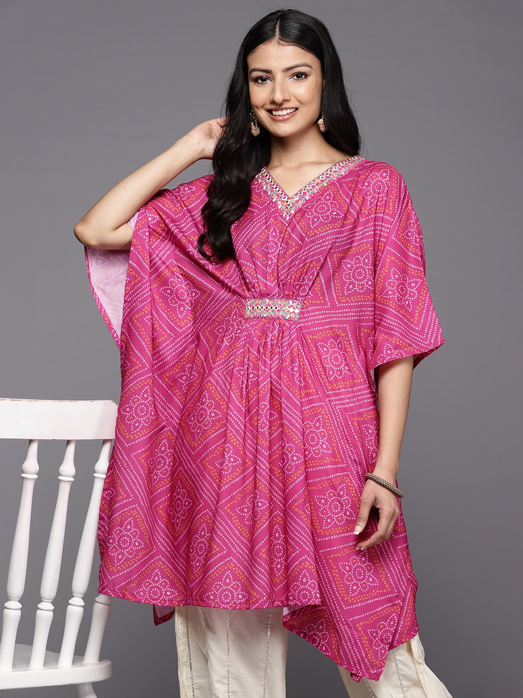 

Varanga Women Pink Bandhani Printed Empire Mirror Work Kurta with Salwar