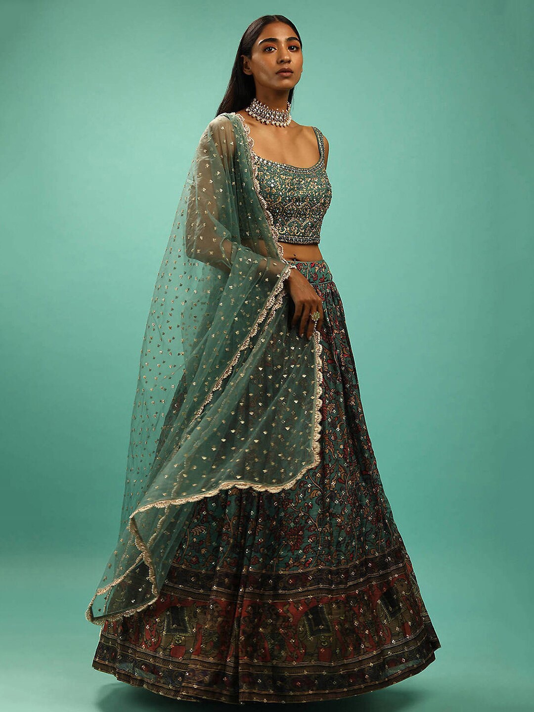 

FABPIXEL Embellished Beads & Stones Semi-Stitched Lehenga & Unstitched Blouse With Dupatta, Green