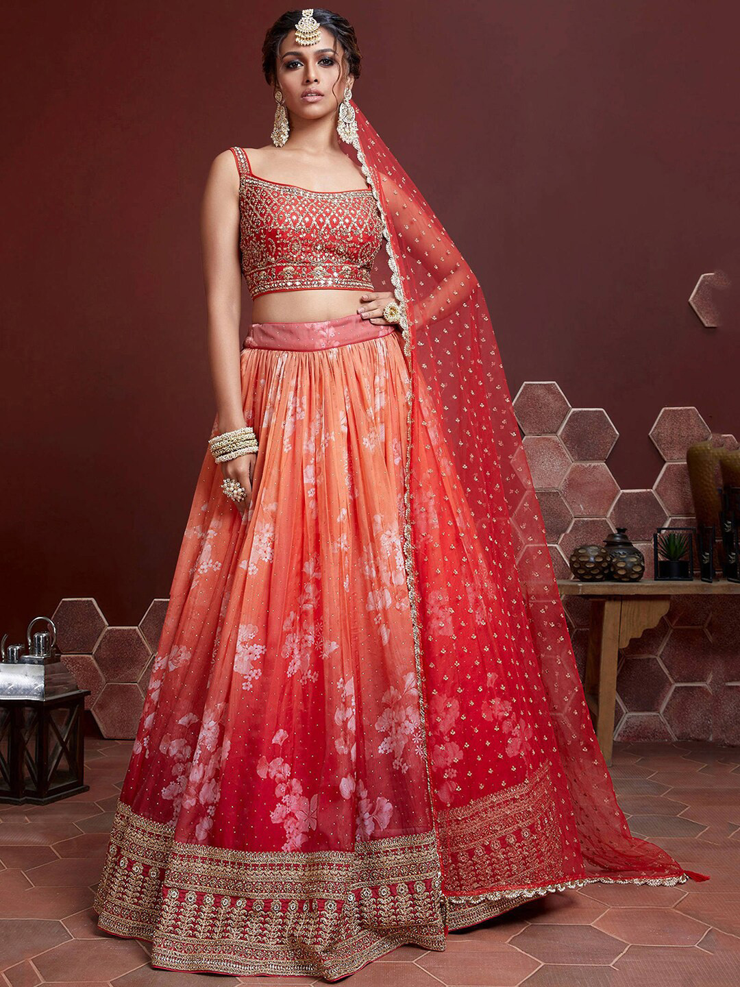 

FABPIXEL Beads and Stones Silk Semi-Stitched Lehenga & Unstitched Blouse With Dupatta, Orange