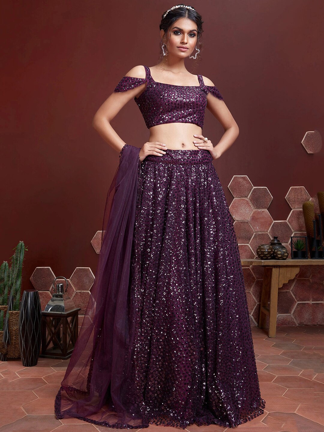 

FABPIXEL Embellished Sequinned Semi-Stitched Lehenga & Unstitched Blouse With Dupatta, Purple