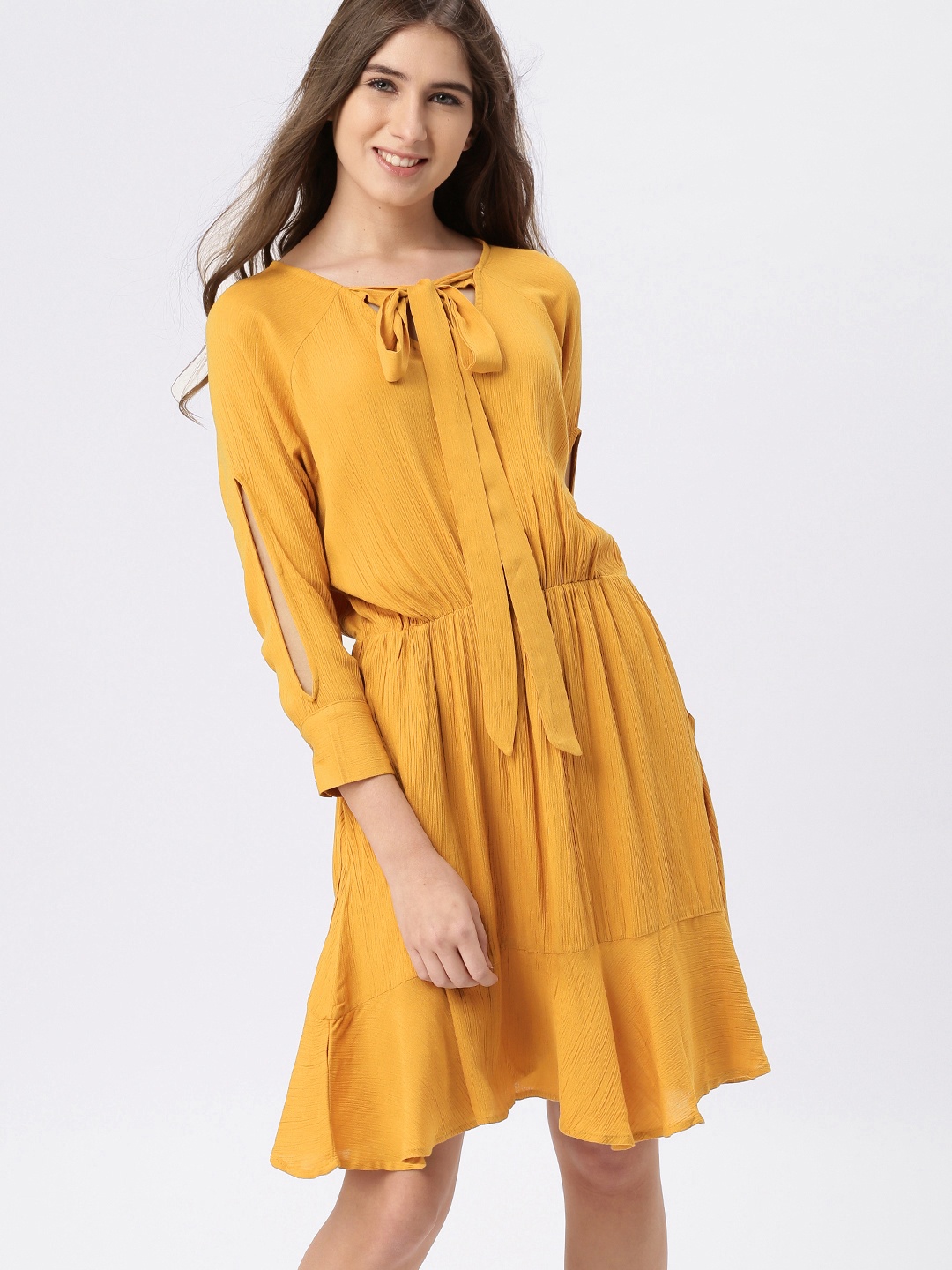 

DressBerry Women Mustard Yellow Solid Fit and Flare Dress