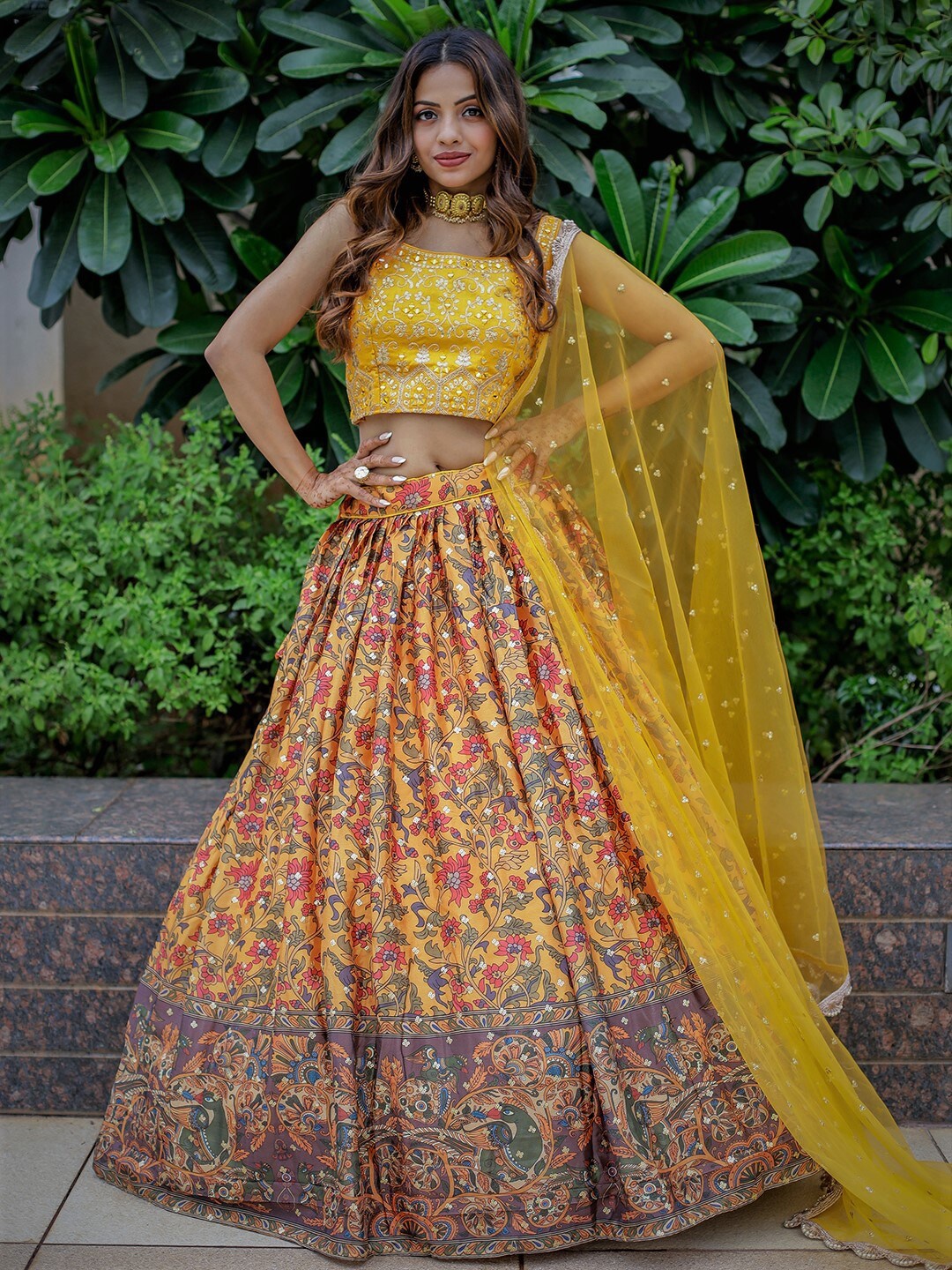 

FABPIXEL Yellow & Green Embellished Semi-Stitched Lehenga & Unstitched Blouse With Dupatta