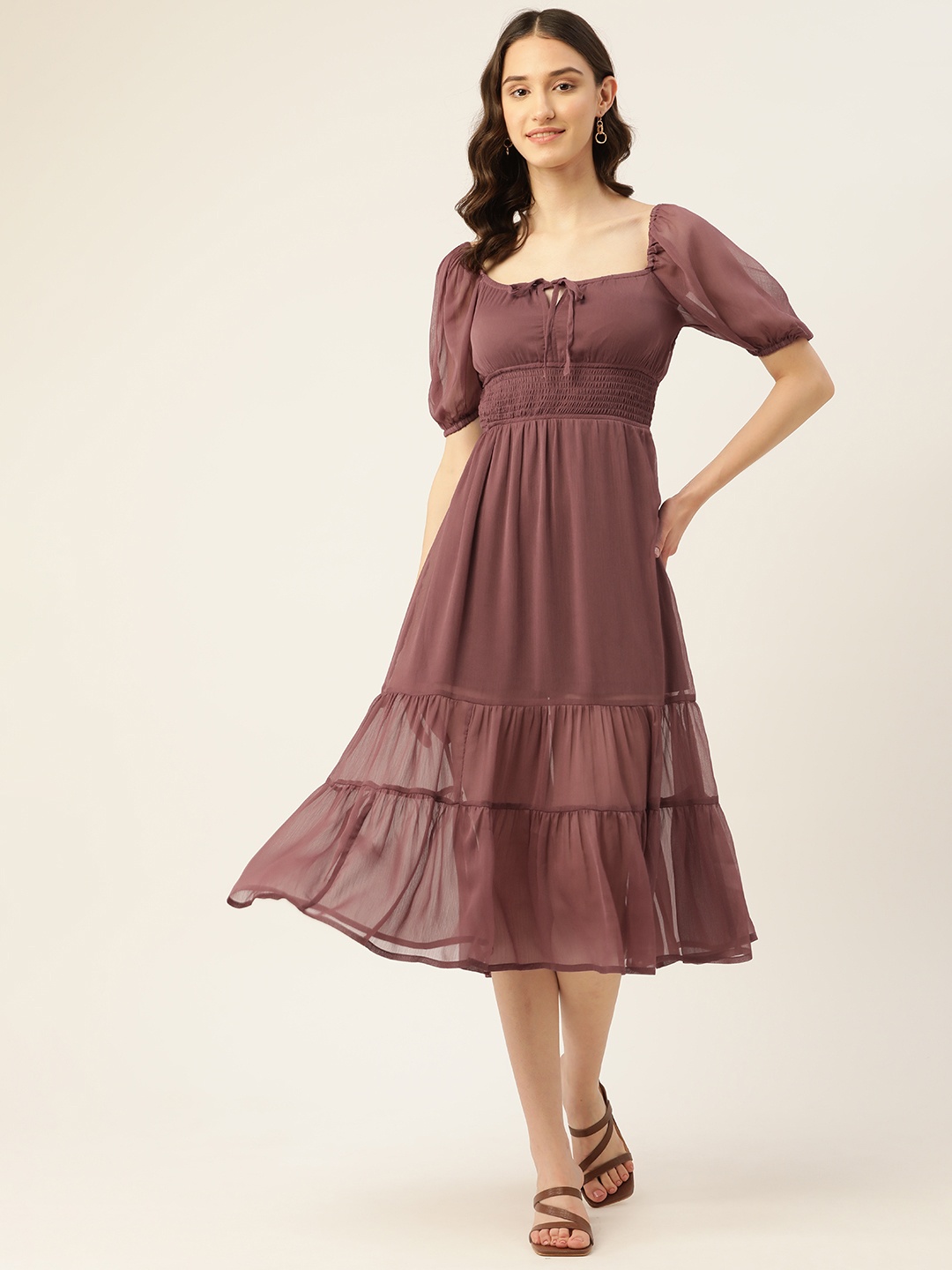 

Rue Collection Smocked Tiered Chiffon Fit & Flare Midi Dress, Mauve
