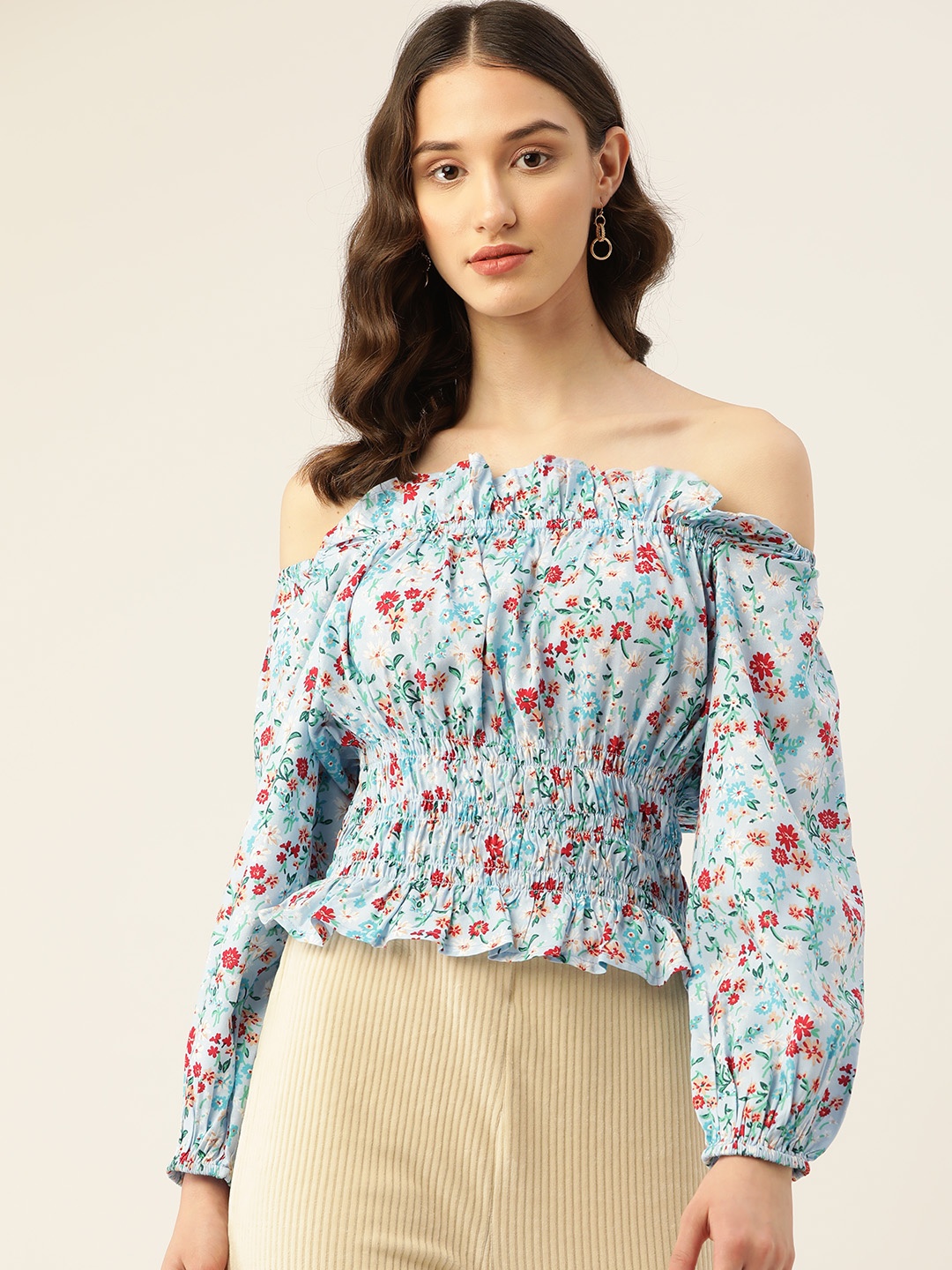 

Rue Collection Floral Print Off-Shoulder Smocked Top, Turquoise blue