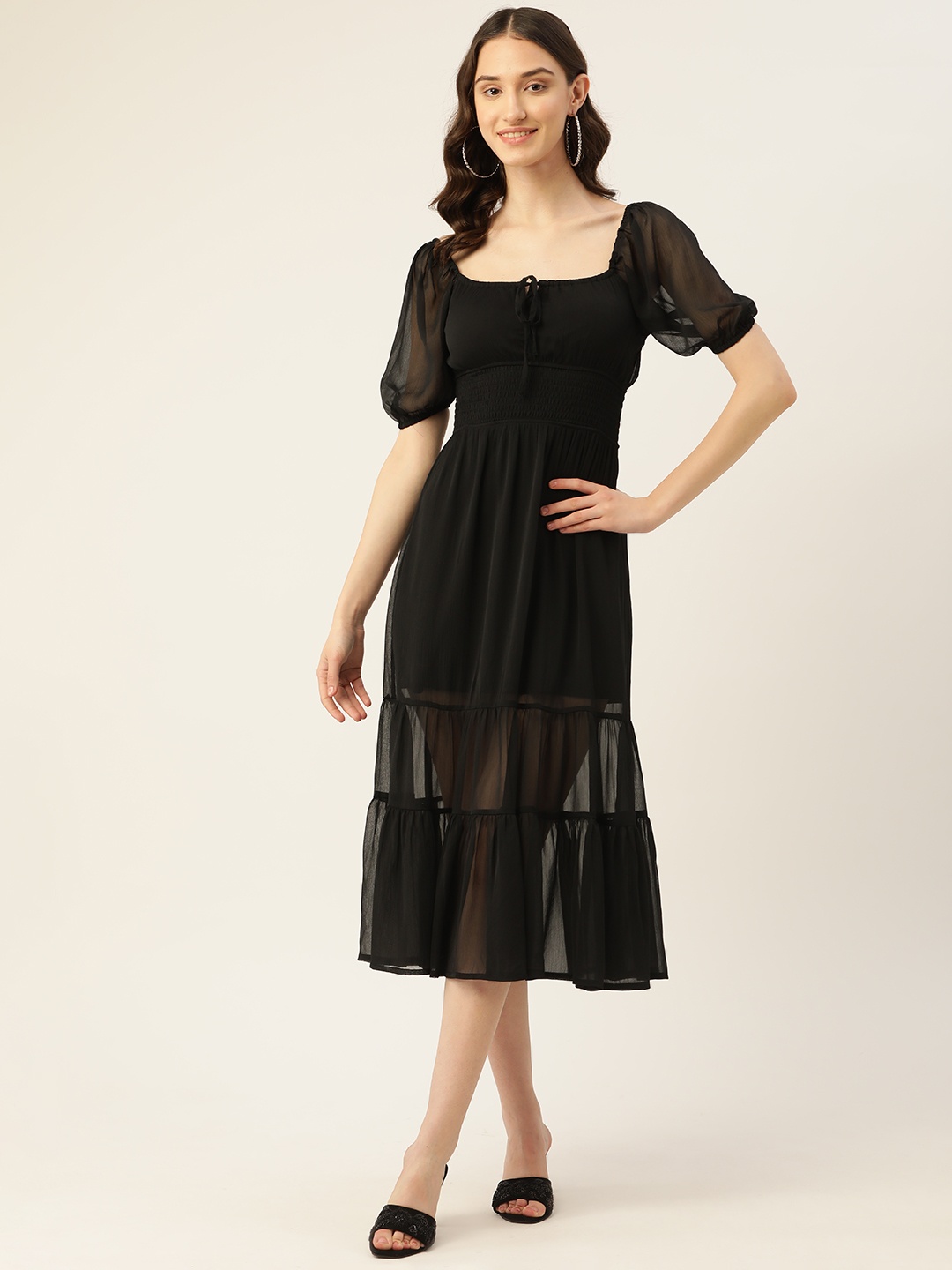 

Rue Collection Tie-Up Neck Chiffon A-Line Midi Dress, Black