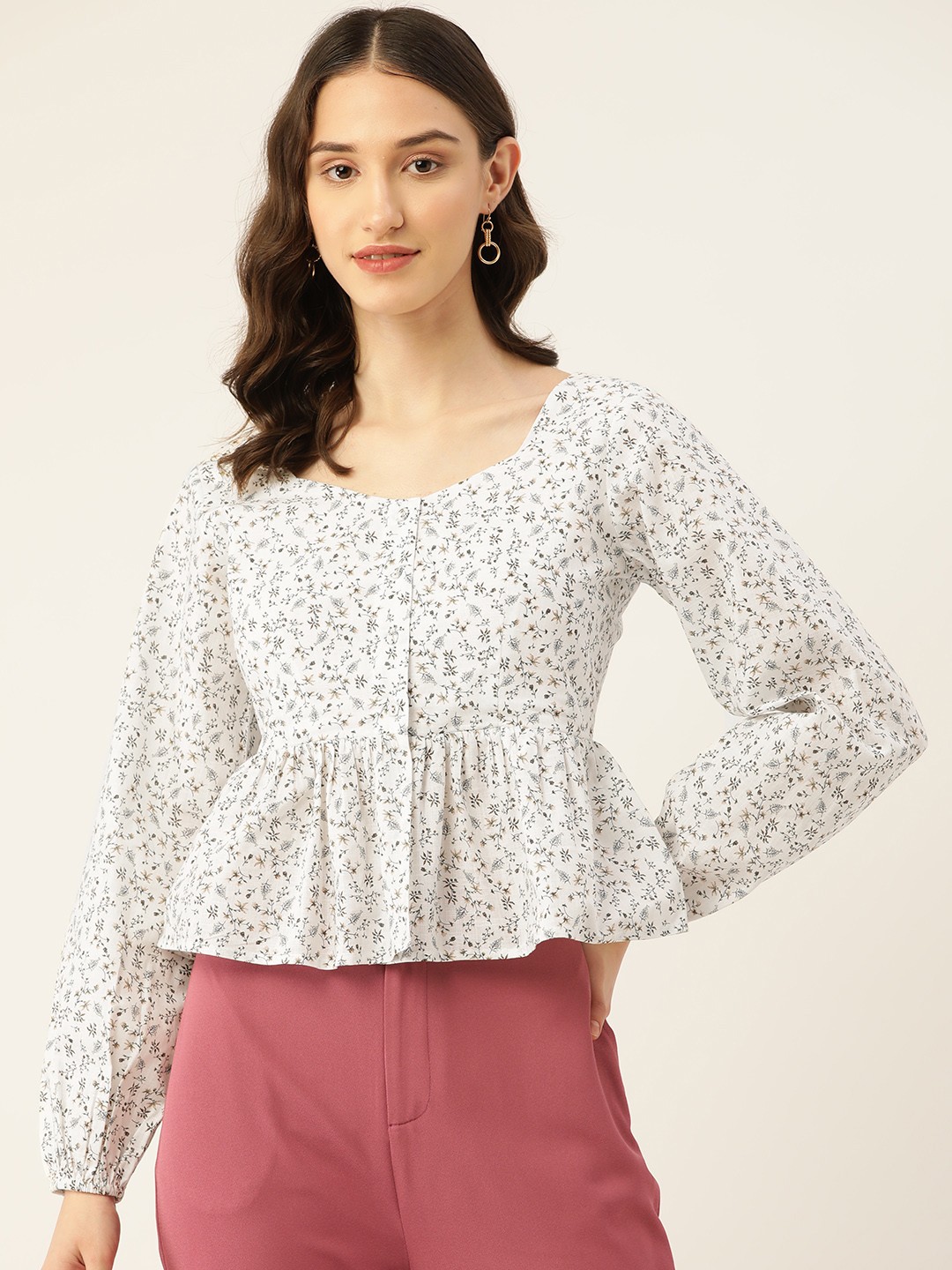 

Rue Collection Floral Print Cotton Peplum Top, White