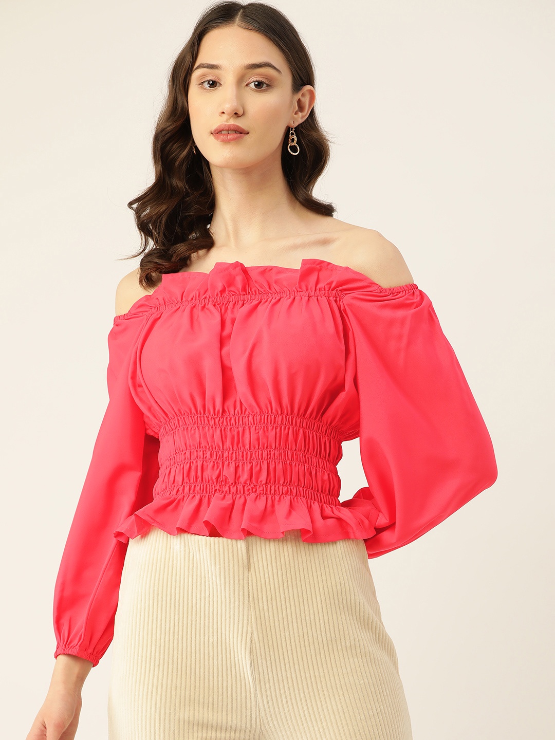 

Rue Collection Solid Off-Shoulder Smocked Crepe Top, Coral