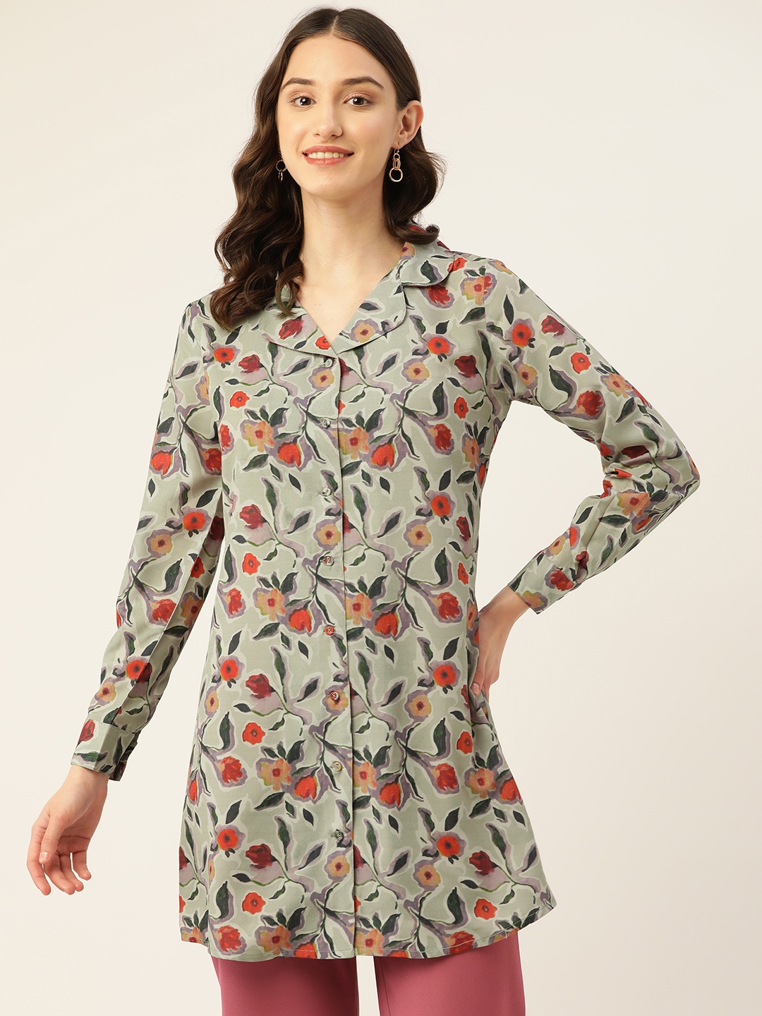 

Rue Collection Floral Print Crepe Shirt Style Longline Top, Green