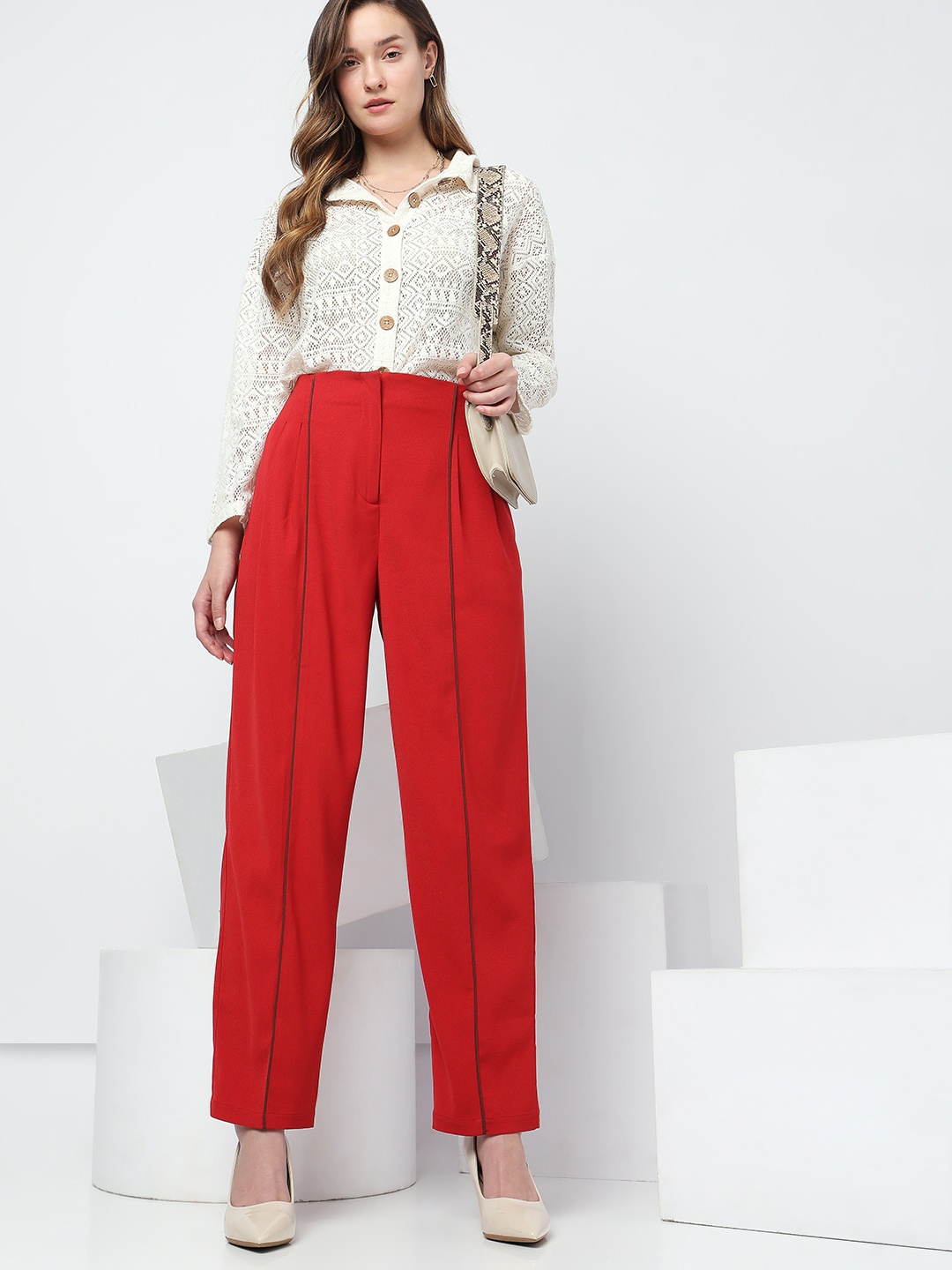 

Vero Moda Women Straight Fit High-Rise Pleated Trousers, Red