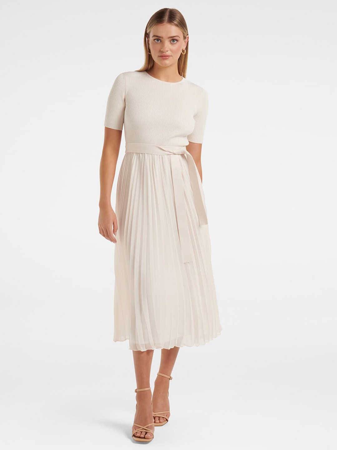 

Forever New Knit Accordion Pleated Belted Midi Fit & Flare Dress, Off white