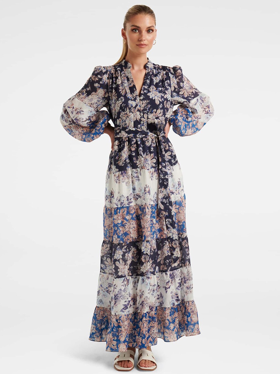 Forever New Floral Printed Tiered Maxi Dress, Navy blue