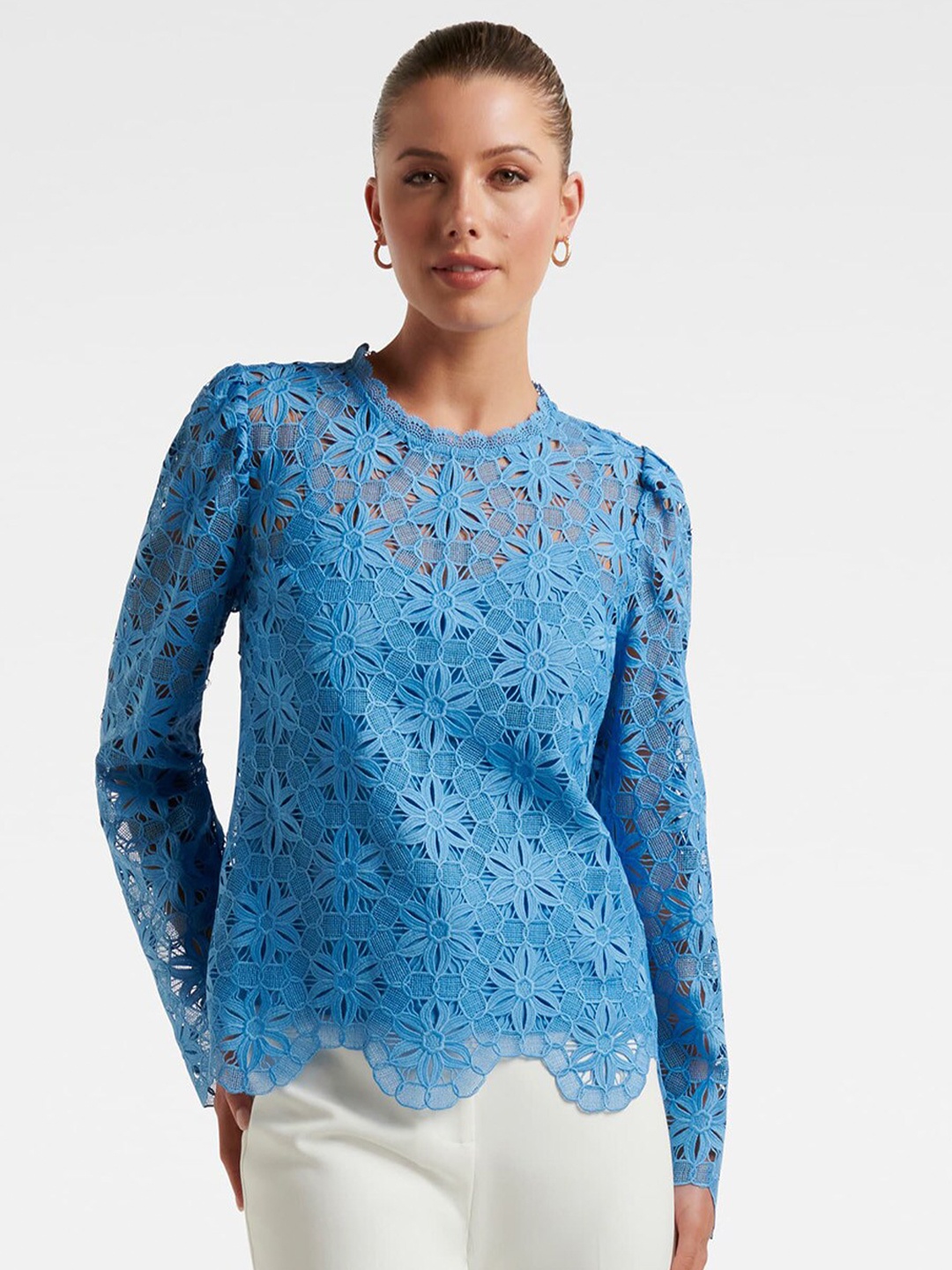 

Forever New Self Design Round Neck Long Sleeves Lace Top, Blue