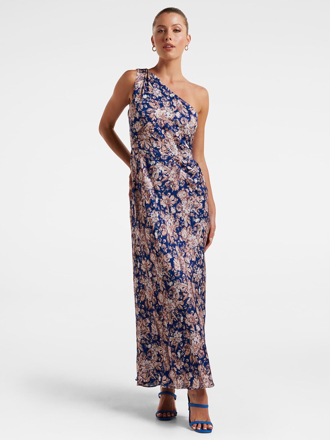 

Forever New Sleeveless One-Shoulder Floral Printed Satin Maxi Dress, Blue