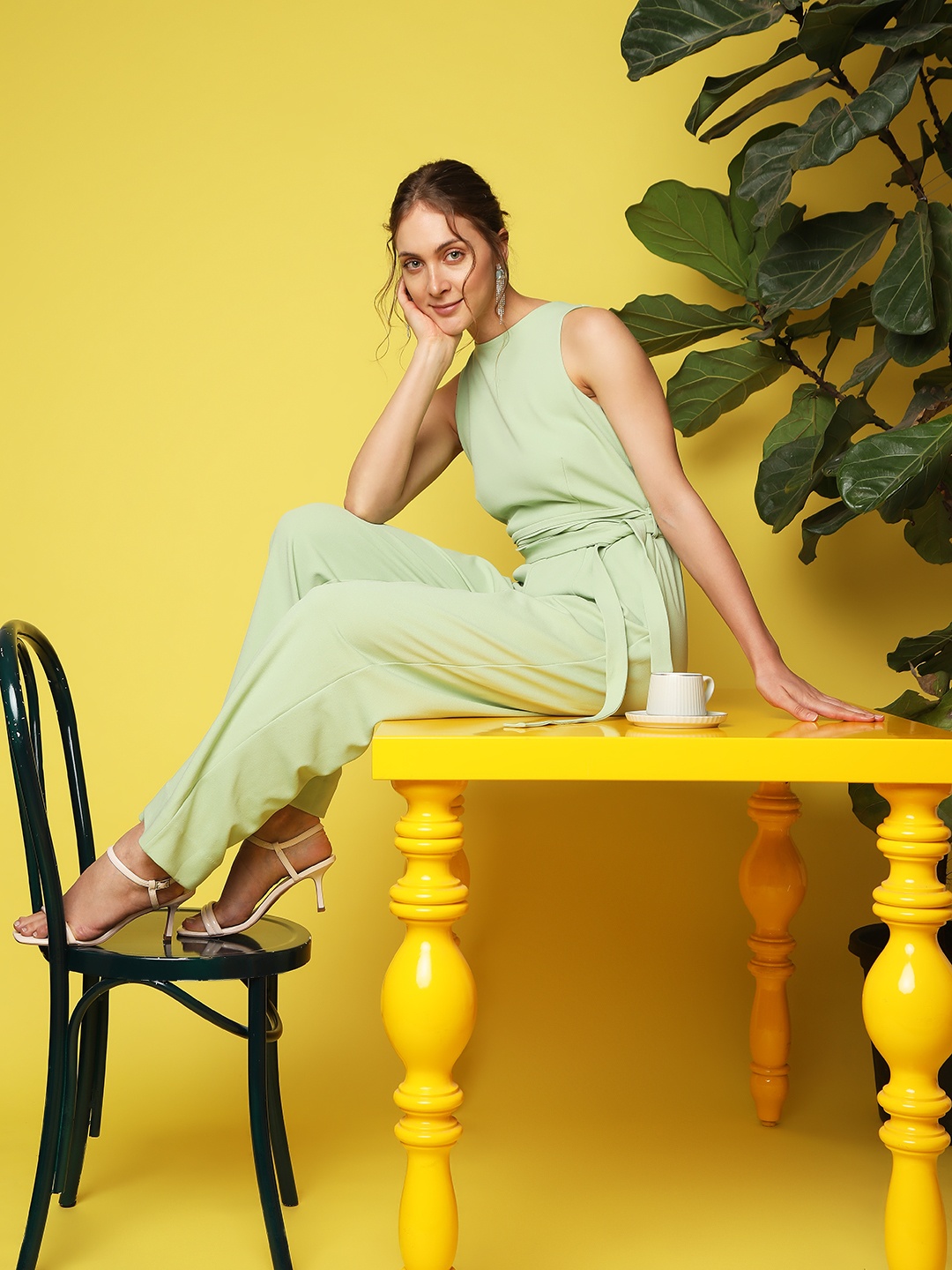 

Vero Moda SUNNY SL Waist Tie-Ups Sleeveless Basic Jumpsuit, Sea green