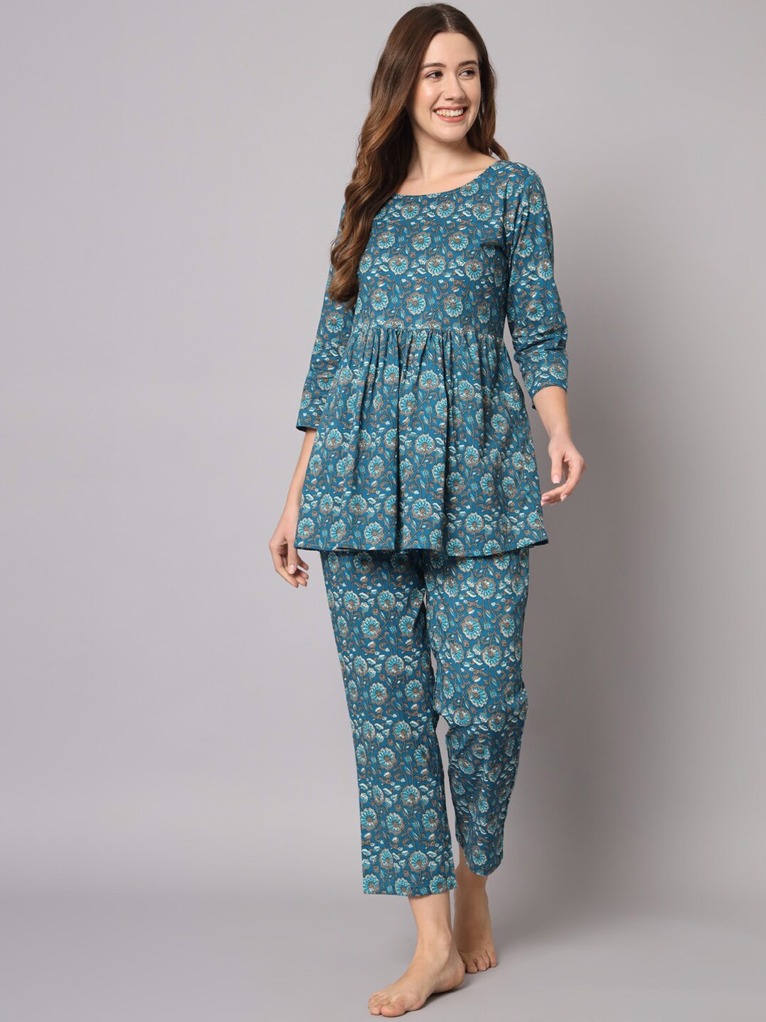 

Vastralay Floral Printed Cotton Tunic With Trouser Co-Ords, Teal