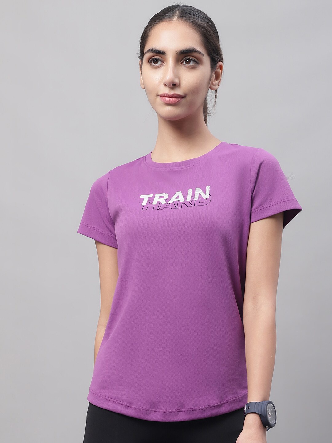 

PERFKT-U Women Typography Printed Dry Fit Running T-shirt, Purple