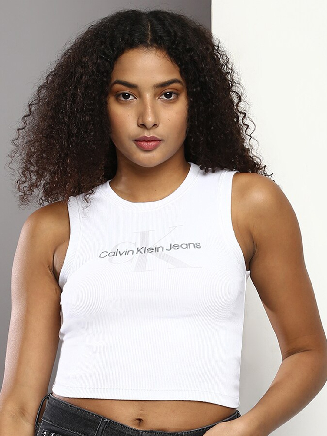 

Calvin Klein Jeans Typography Printed Round Neck Crop Top, White