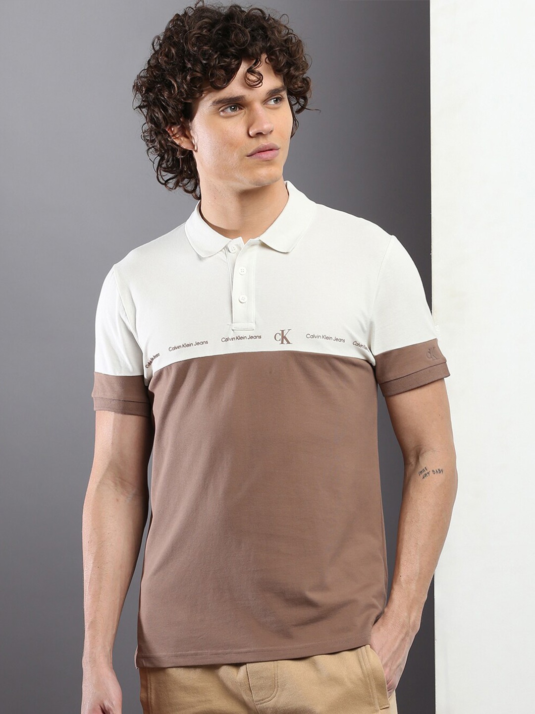 

Calvin Klein Jeans Colourblocked Polo Collar Slim Fit T-shirt, Brown