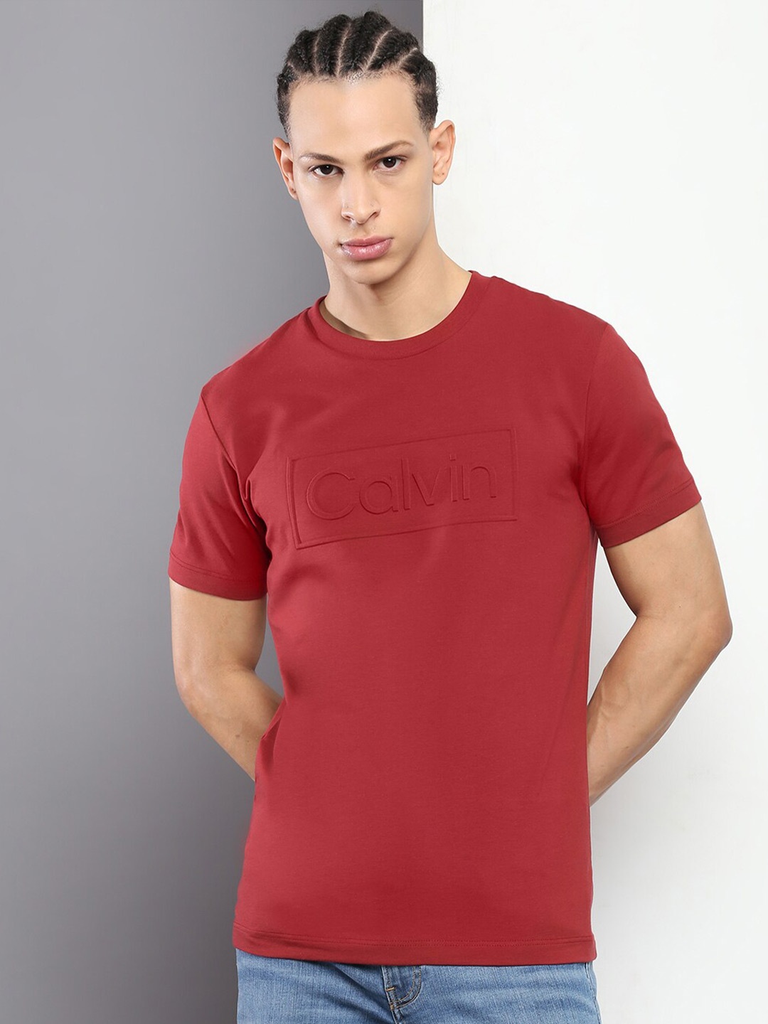 Calvin Klein Jeans Round Neck Short Sleeve Slim Fit T-shirt, Maroon