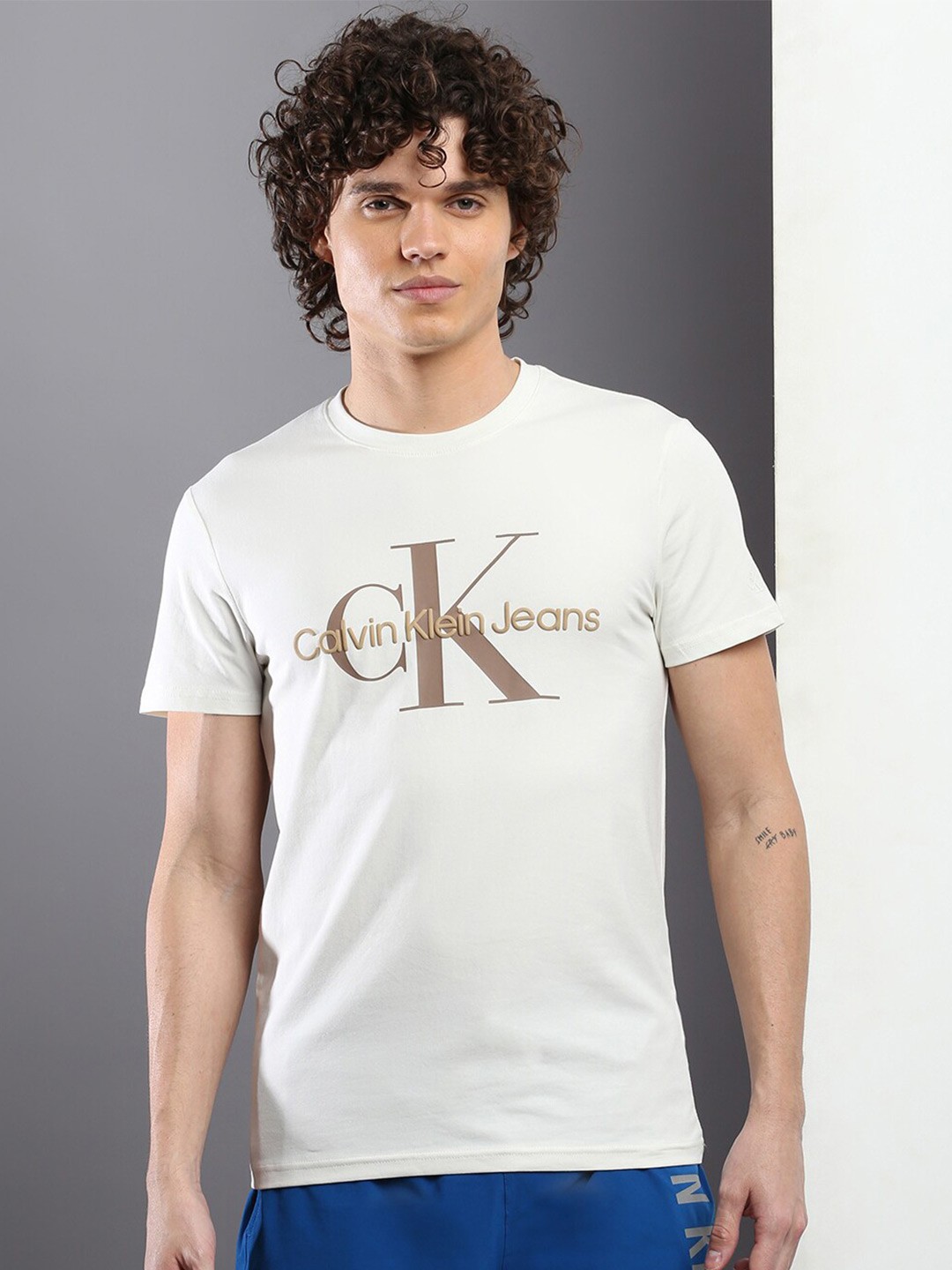 

Calvin Klein Jeans Brand Printed Round Neck Cotton Slim Fit T-shirt, White
