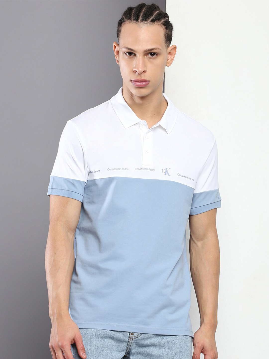 

Calvin Klein Jeans Colourblocked Polo Collar Slim Fit T-shirt, Blue