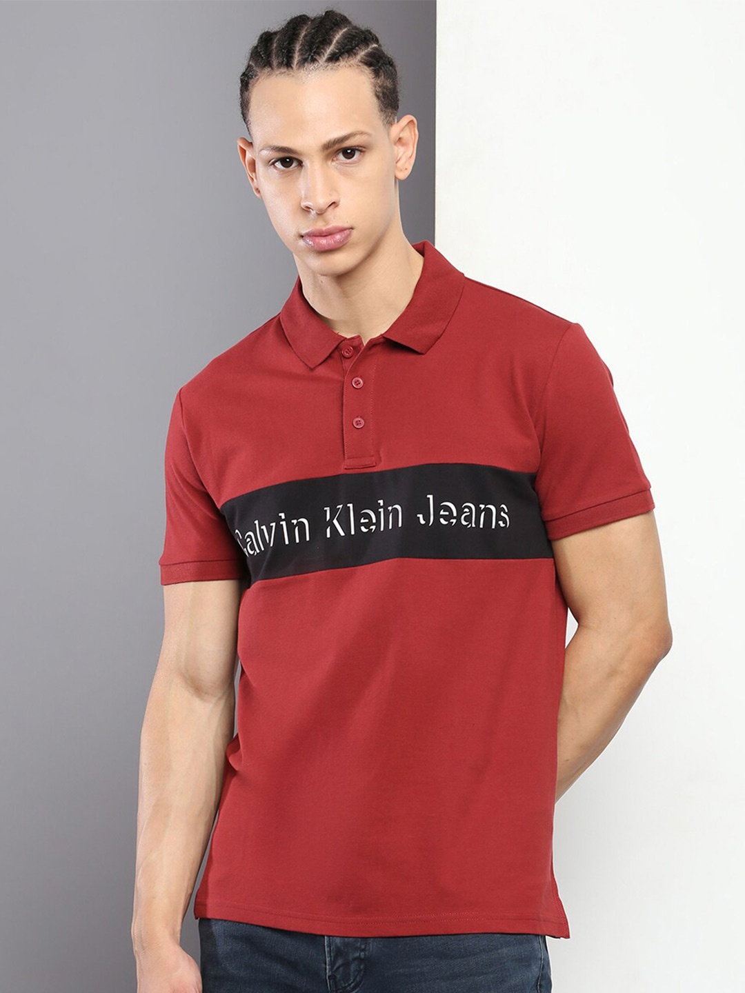 

Calvin Klein Jeans Typography Printed Polo Collar Slim Fit T-shirt, Maroon