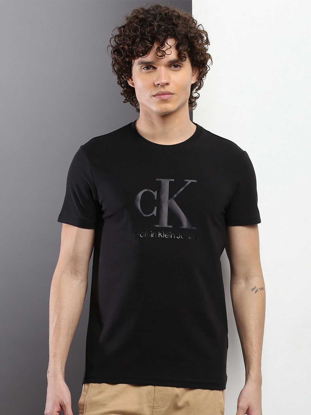 Calvin Klein Jeans Typography Printed Slim Fit Round Neck T-shirt, Black