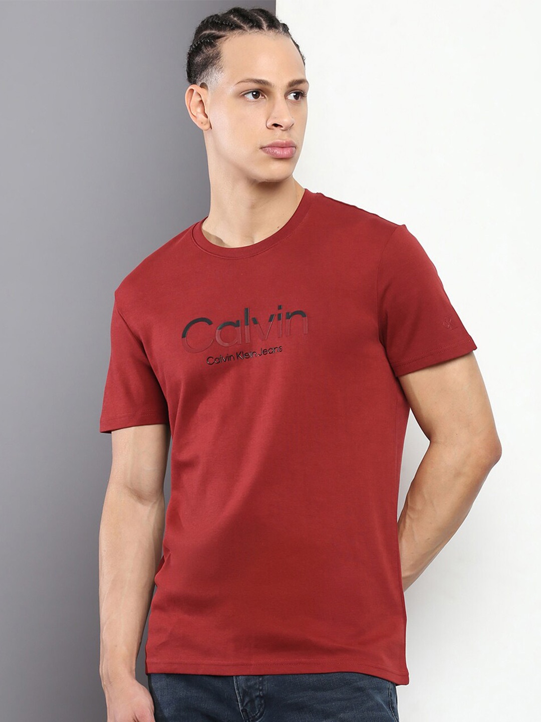 

Calvin Klein Jeans Men Typography Printed Slim Fit Pure Cotton T-shirt, Maroon