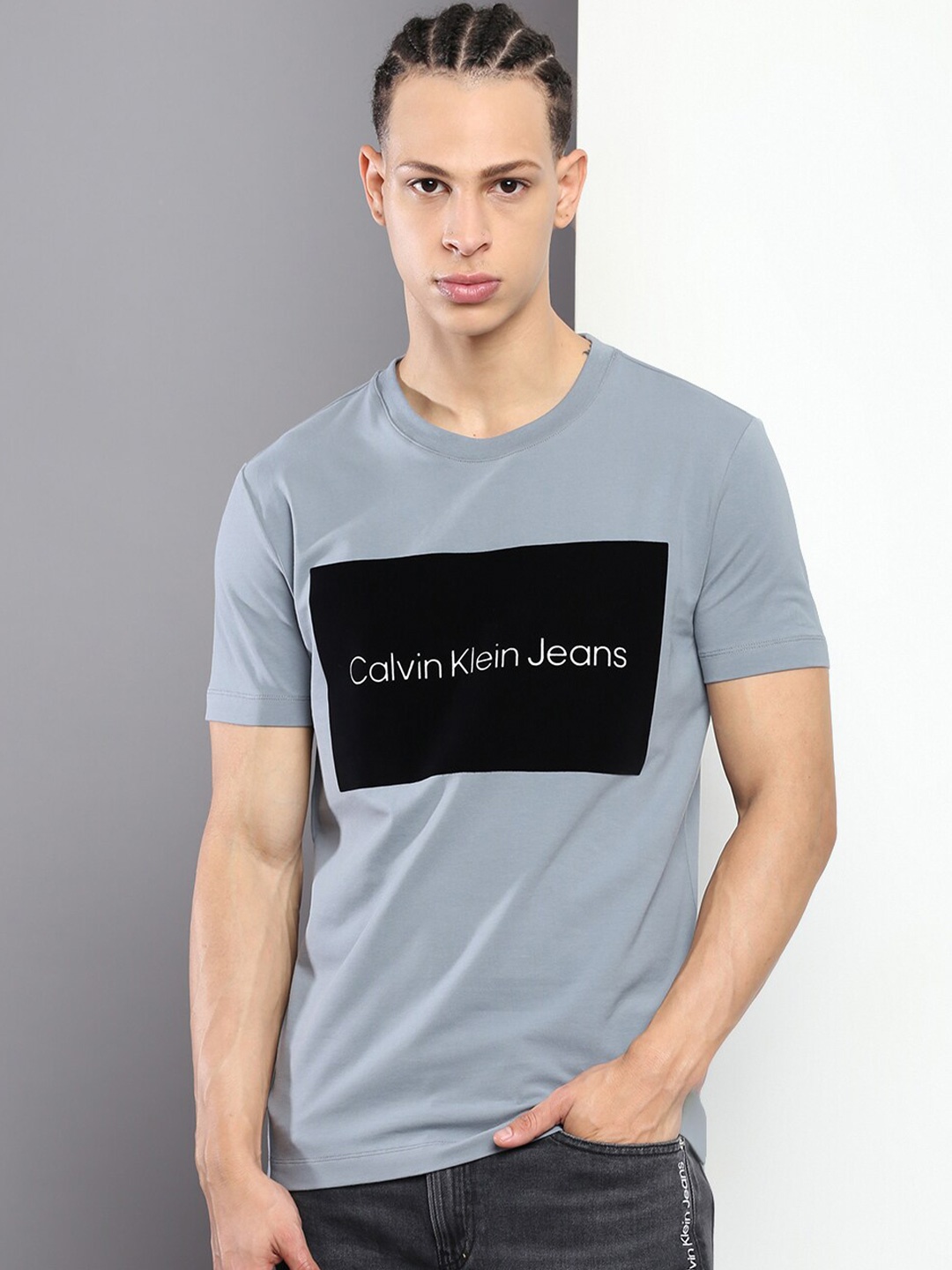 

Calvin Klein Jeans Typography Printed Round Neck Slim Fit T-shirt, Grey