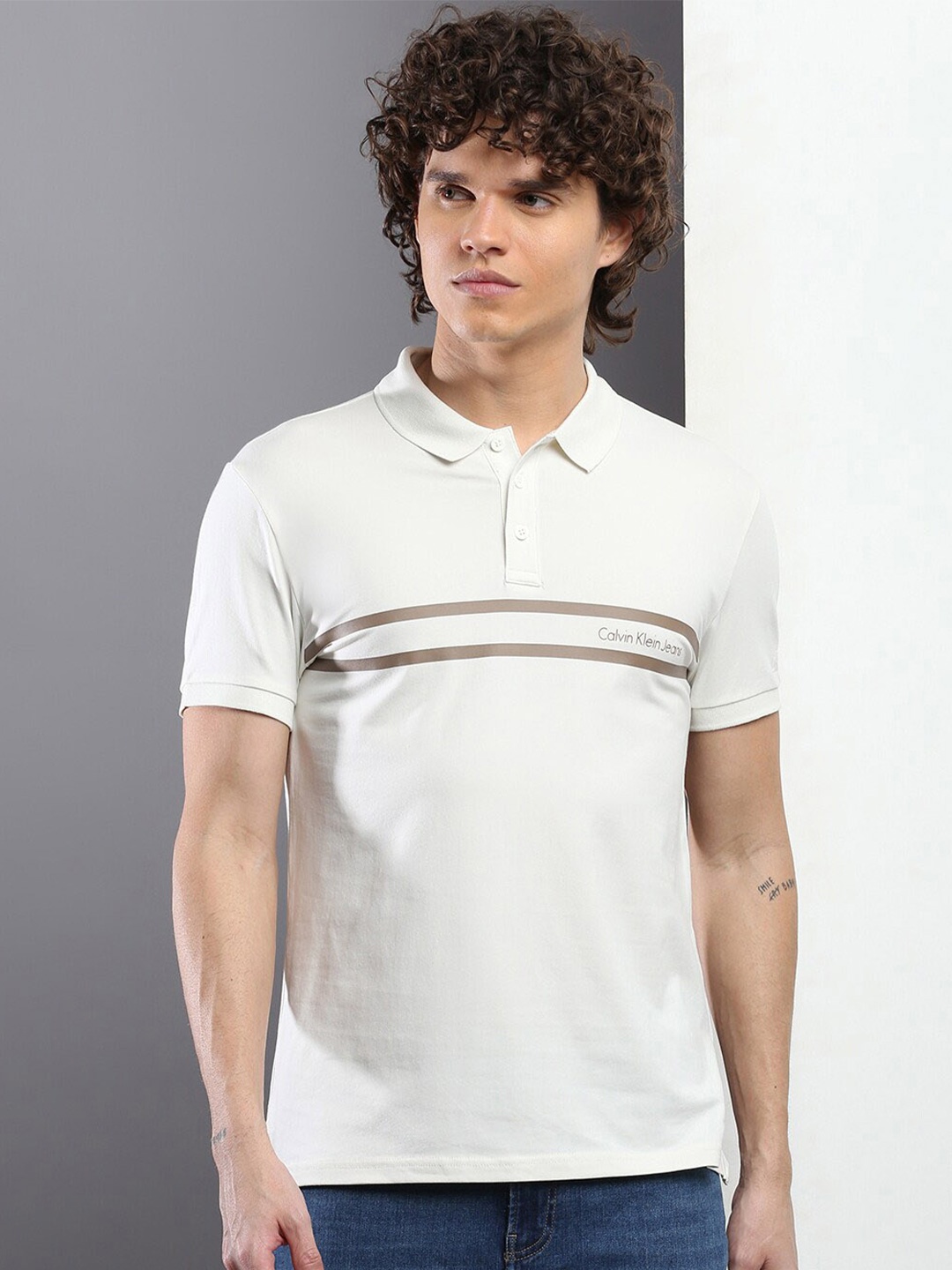 

Calvin Klein Jeans Striped Polo Collar Slim Fit T-shirt, Beige