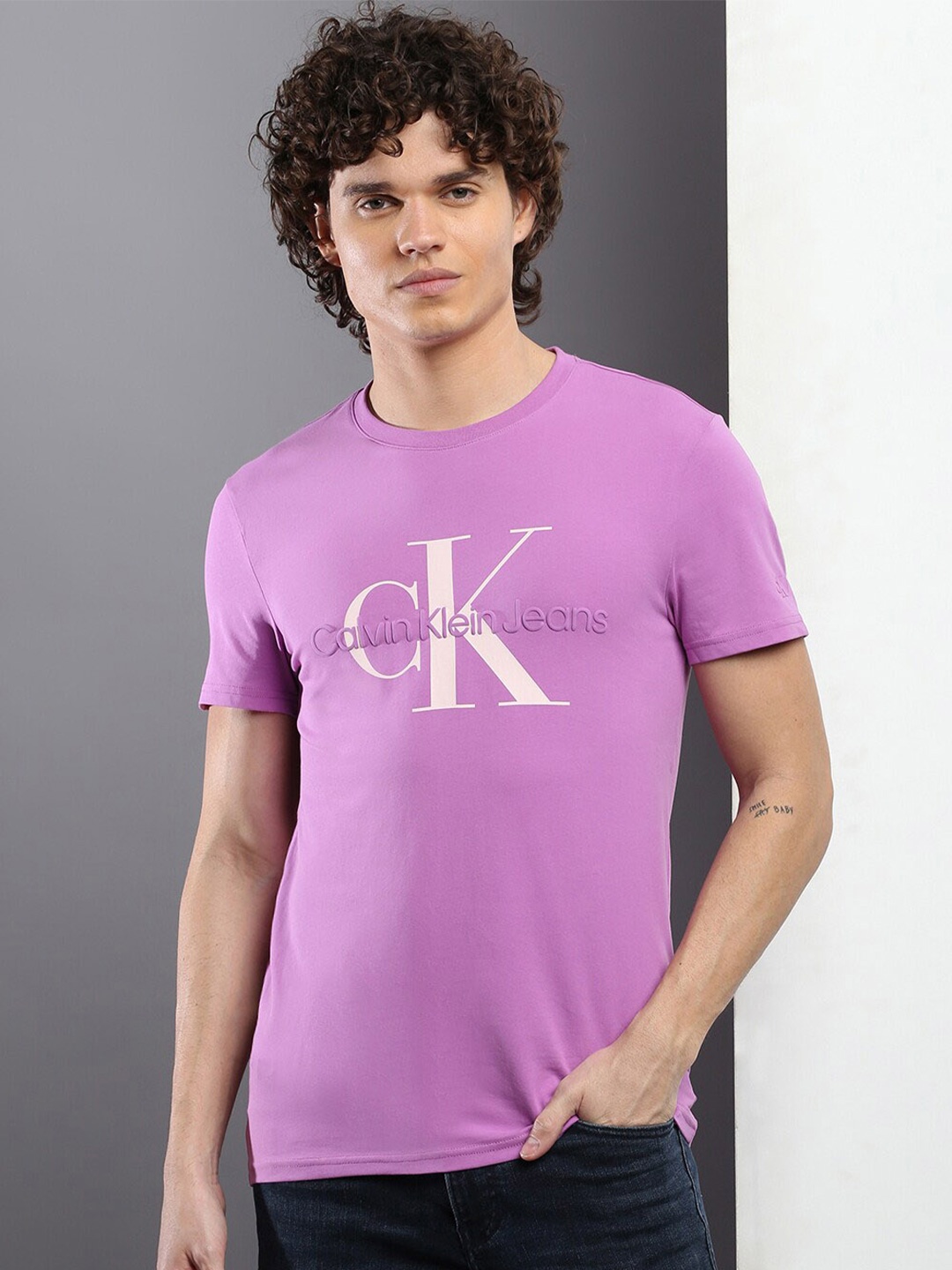

Calvin Klein Jeans Typography Printed Slim Fit T-shirt, Purple
