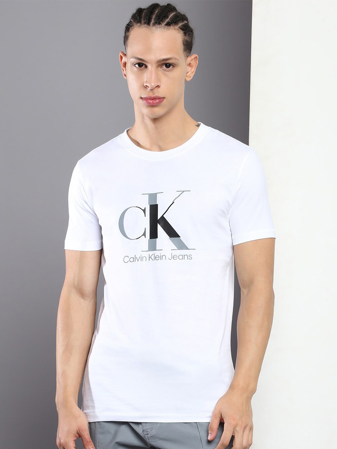 

Calvin Klein Jeans Brand Logo Printed Round Neck Slim Fit Cotton T-shirt, White