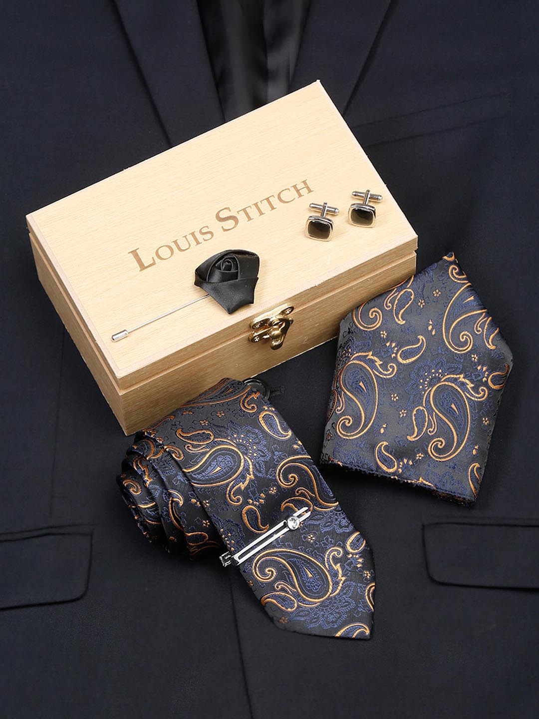 

LOUIS STITCH Men Italian Silk Necktie Accessory Gift Set, Blue