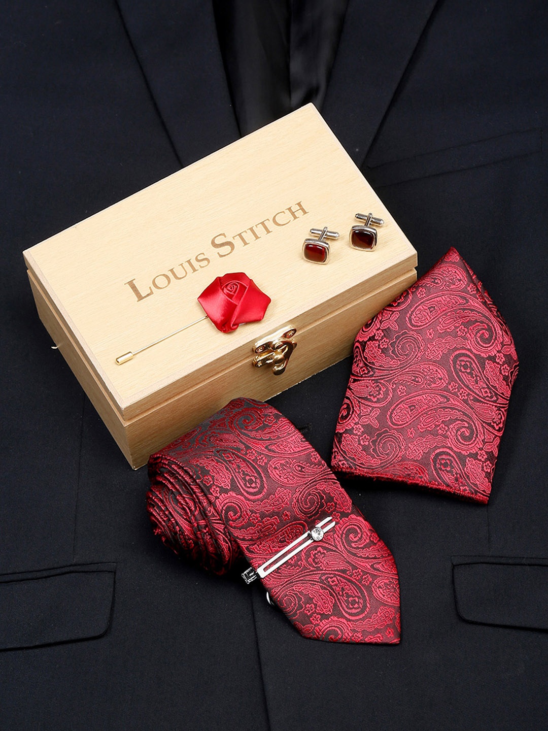 

LOUIS STITCH Men Printed Italian Silk Necktie Accessory Gift Set, Red